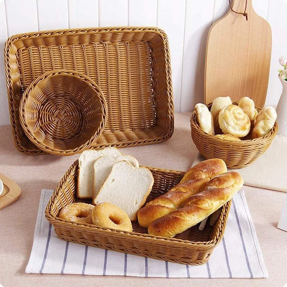 Yarlung Tkany kosz na chleb, plastikowe wiklinowe kosze na owoce, 40 x 30 cm, imitacja rattanowych tacek do serwowania żywności do warzyw, kuchni, restauracji, na zewnątrz, brązowy