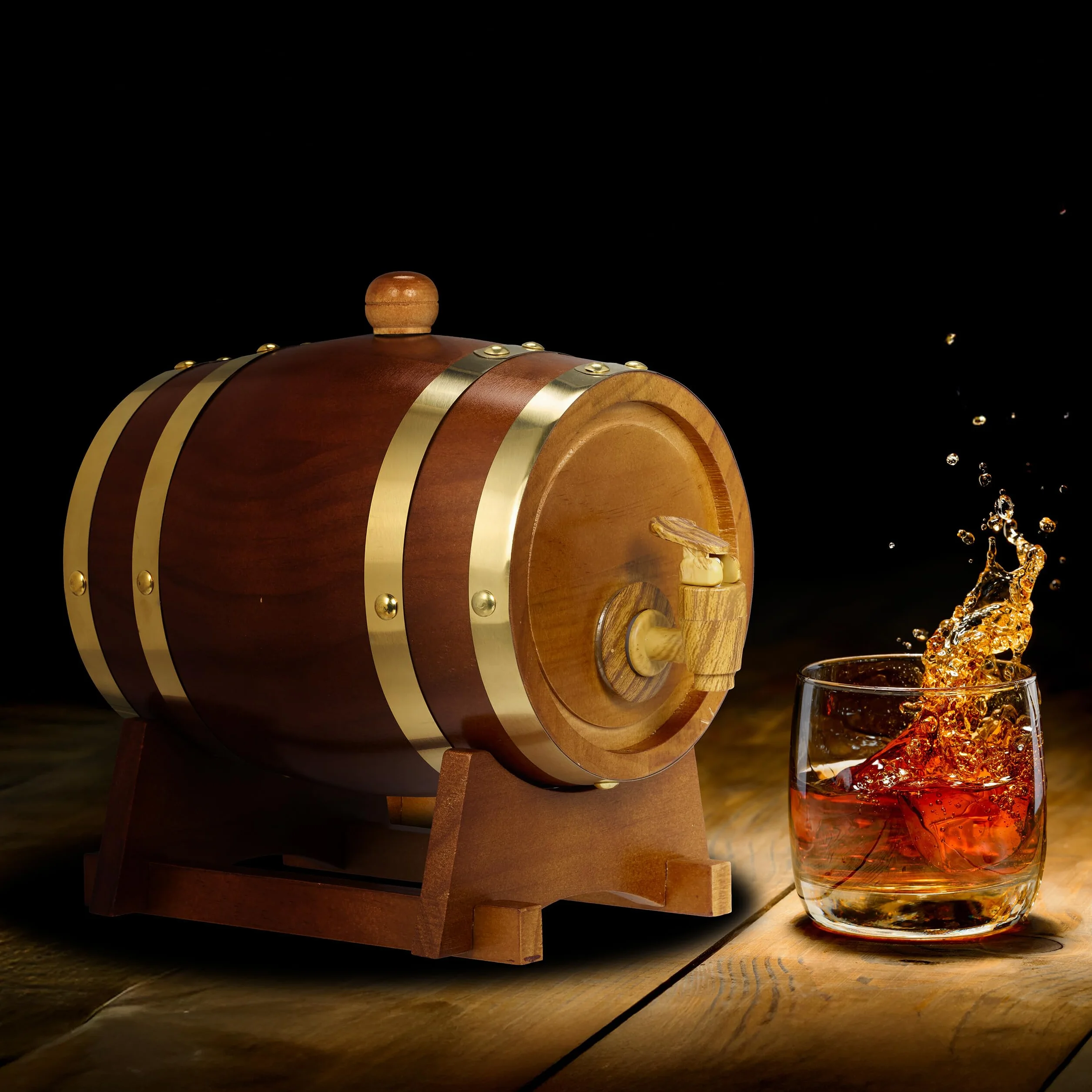 Relaxdays Beczka na whisky, 1,25 l, drewniana, z koziołkiem i kranikiem, na wino, alkohole, dekoracyjna beczka drewniana, ciemnobrązowa