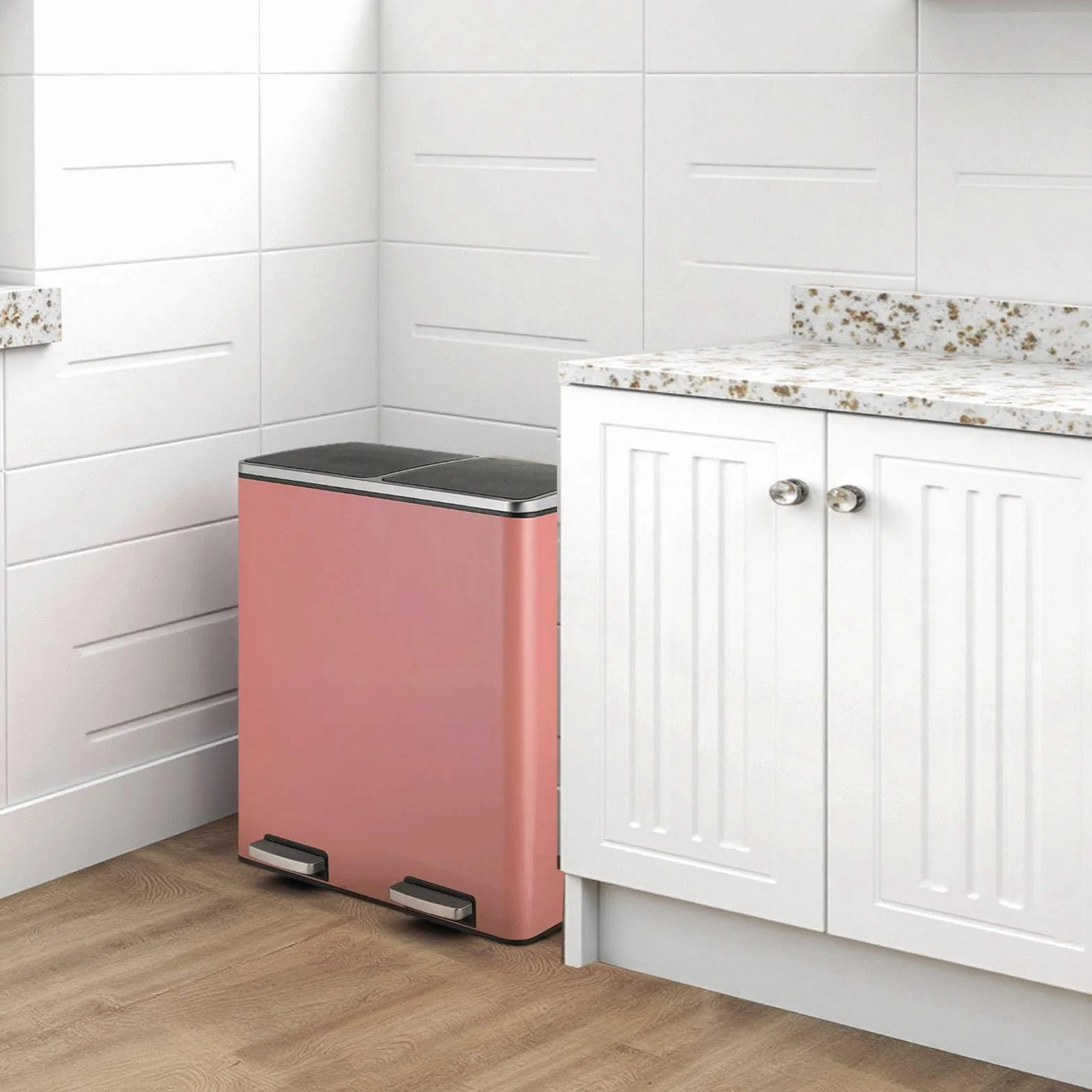 Clevich Kosz na śmieci do kuchni, 2 x 30 l, 2 przegródki, system segregacji śmieci 60 l, 2 x plastikowe pojemniki wewnętrzne, pokrywka Softclose, kosz z pedałem, pokrywa z klapką, matowa terakota
