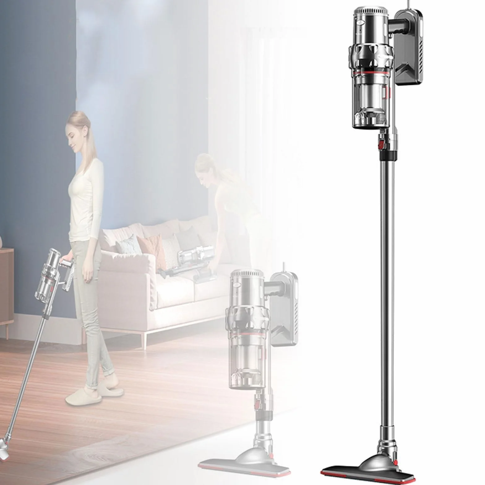 Odkurzacz pionowy bezworkowy, przewodowy odkurzacz pionowy o mocy 2000 W, pojemnik na kurz o pojemności 1,1 l, 5 skutecznych filtrów, regulowana wysokość, do zasłon, sof, podłóg drewnianych
