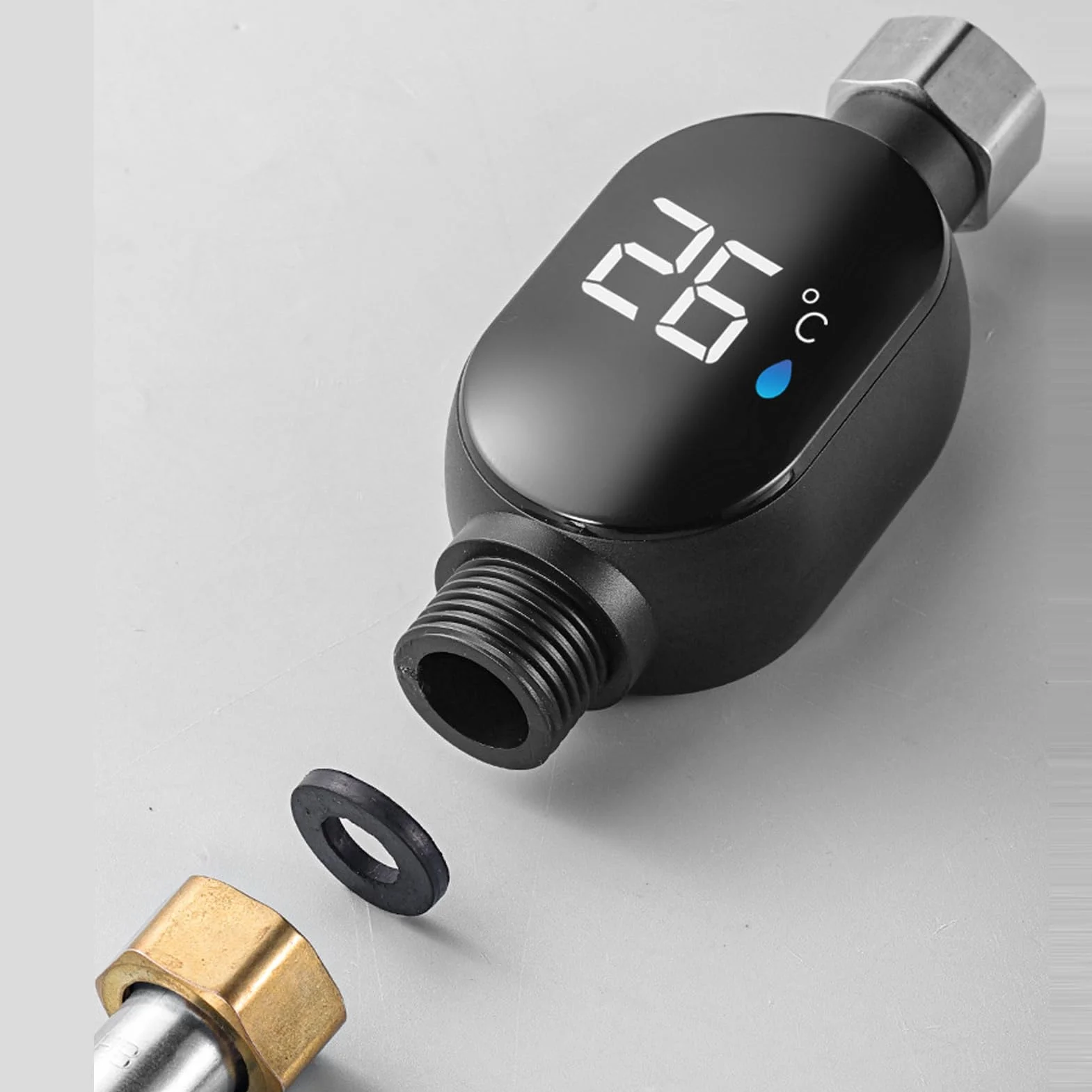 Shower Temperature Gauge, Led Water Thermometer, Instant-Read Digital Display, Waterproof Modern Design, Hotel Bathroom Kitchen Use, 0–99? 1/2 Inch Connector, Silver, 1 Piece