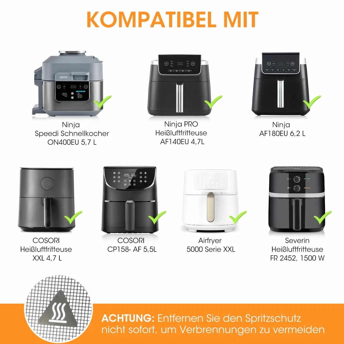 AIEVE Osłona przeciwbryzgowa ze stali nierdzewnej, siatka ochronna przed rozpryskiwaniem tłuszczu, kompatybilna z Airfryer COSORI XXL 4,7 L, Ninja Speedi ON400EU 5,7 L oraz Ninja AF140EU 4,7 L