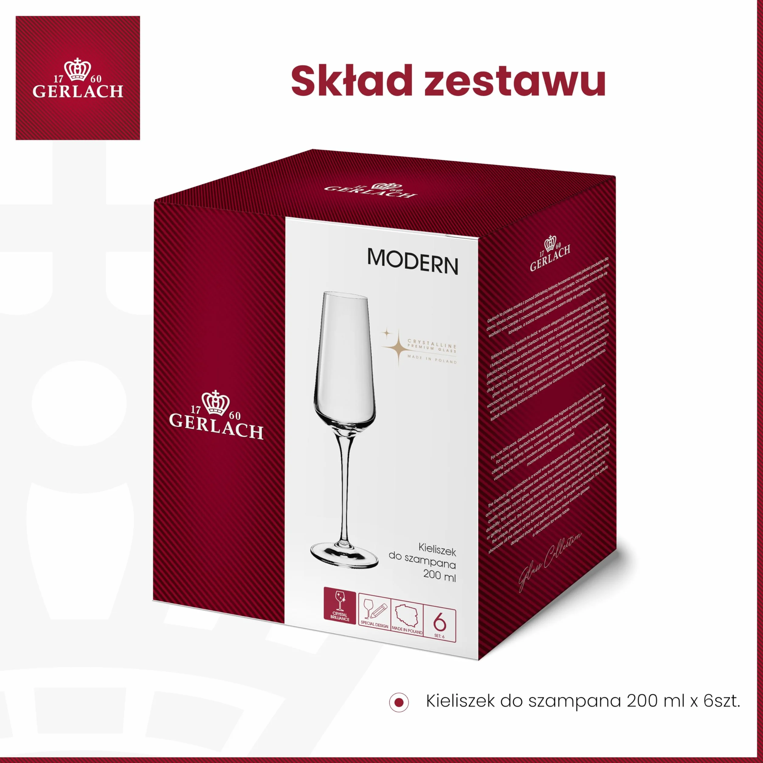 Gerlach 1760 Kieliszki do szampana, 6 sztuk, 200 ml, kieliszek do szampana, nadają się do mycia w zmywarce, nowoczesne