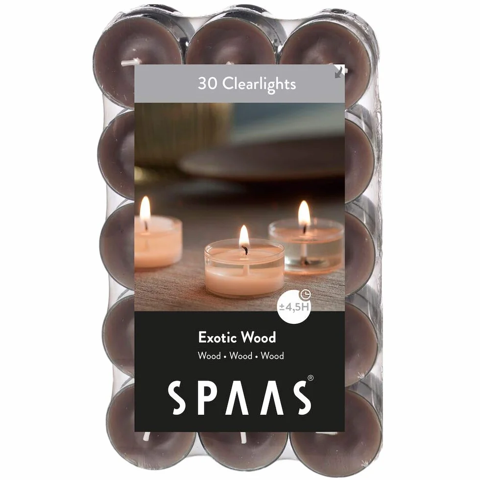 Spaas 30 Scented Clearlights Tealights Transparent Clear Cup 4.5 Hours Exotic Wood