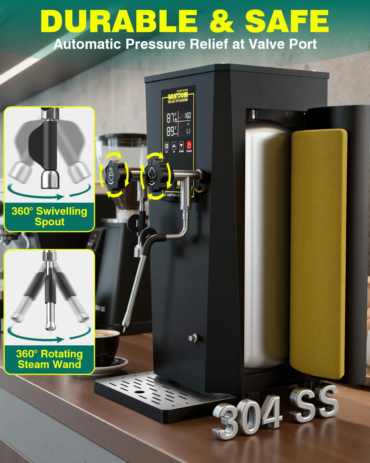 WantJoin - Komercyjny spieniacz do mleka 2000 W i podgrzewacz do napojów, profesjonalny ekspres do mleka z wyświetlaczem LED do mleka, cappuccino, kawy, gorącej czekolady i herbaty