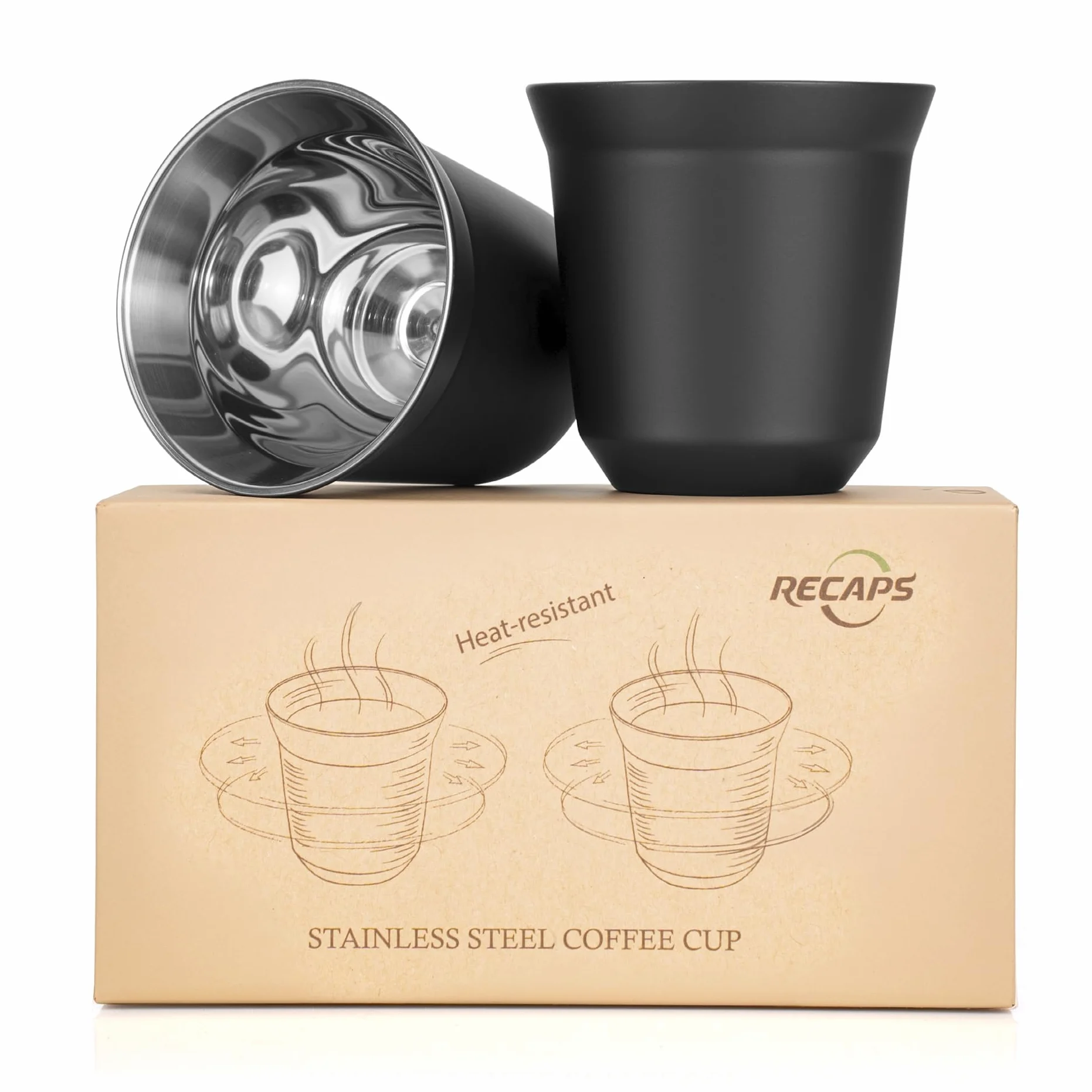 RECAPS 80ml Zestaw filiżanek do espresso ze stali nierdzewnej - 2-pak kubeczki demitase ze stali nierdzewnej 304 z podwójną ścianą 200ml Czarny