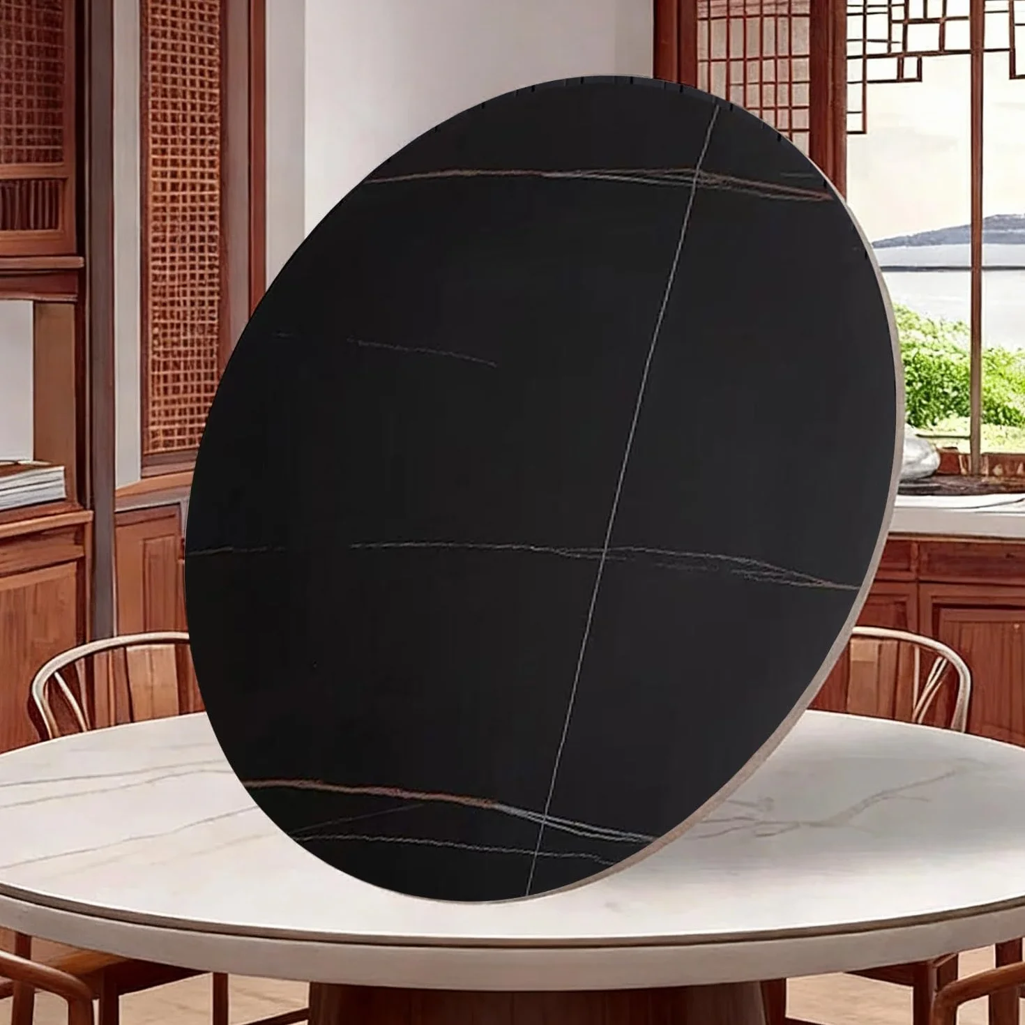Gramofon na stół w jadalni marmurowa tekstura obrotowa taca 81 cm okrągła płyta centralna wielofunkcyjne naczynie do serwowania czarna płyta rockowa design idealny na imprezy i spotkania rodzinne