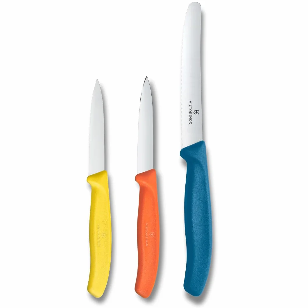 Victorinox Swiss Classic 3-częściowy zestaw noży kuchennych do warzyw, pomidorów i musli, wytrzymały uchwyt z tworzywa sztucznego, stal nierdzewna, kolorowy