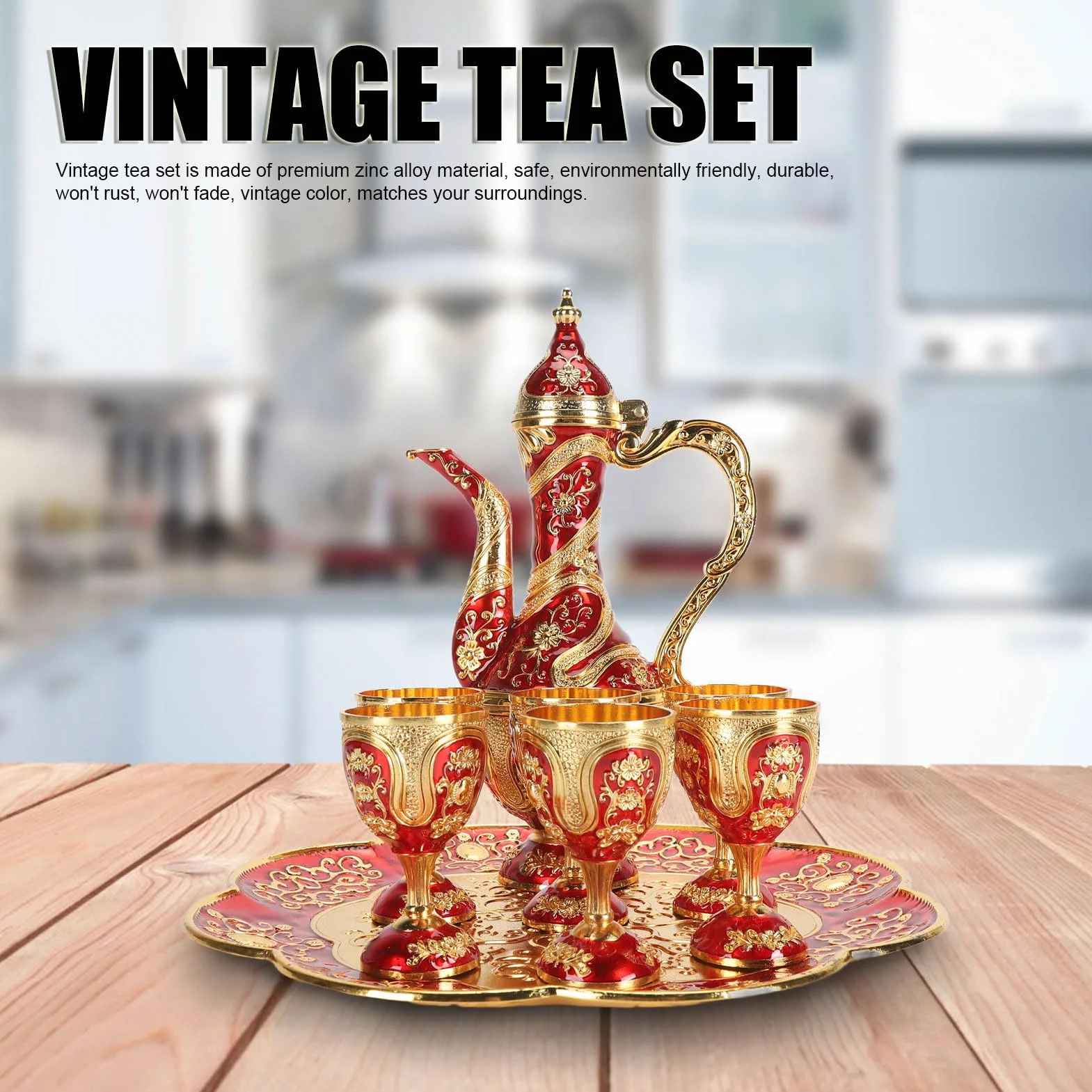 Naroote Turecki Zestaw Herbaty, Turecki Zestaw Herbaciany dla Dorosłych Cynk Stop Herbaty Łatwa Czyste, Eleganckie Trwałe Vintage Turkish Tea Zetek Złoty Niebieski z tacą na herbatę do Kawiarni