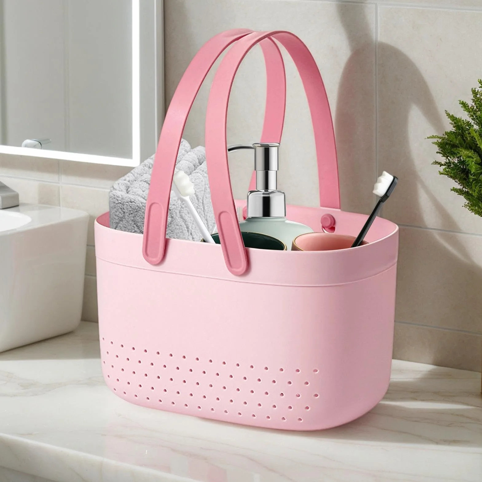 Shower Organizer Basket, Bath Storage Bin, Toiletry Basket with Handles, Drainage Shower Organizer, 25x17x14.5cm Storage Basket for Bathrooom PP+ Shower Bin, Lightweight, Pink White