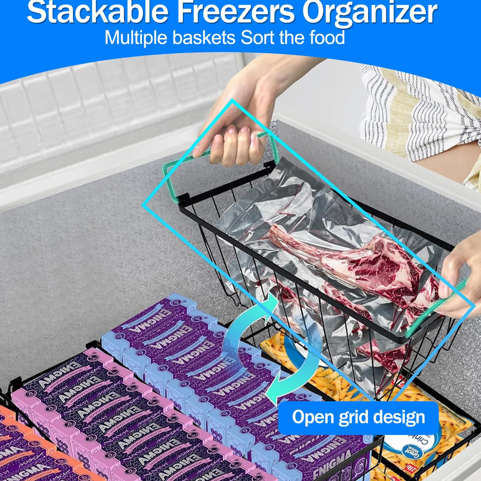Organizator do zamrażarki, 6 sztuk, z możliwością układania w stos, do zamrażarki o pojemności 5-7 °C, kosze do przechowywania z uchwytami