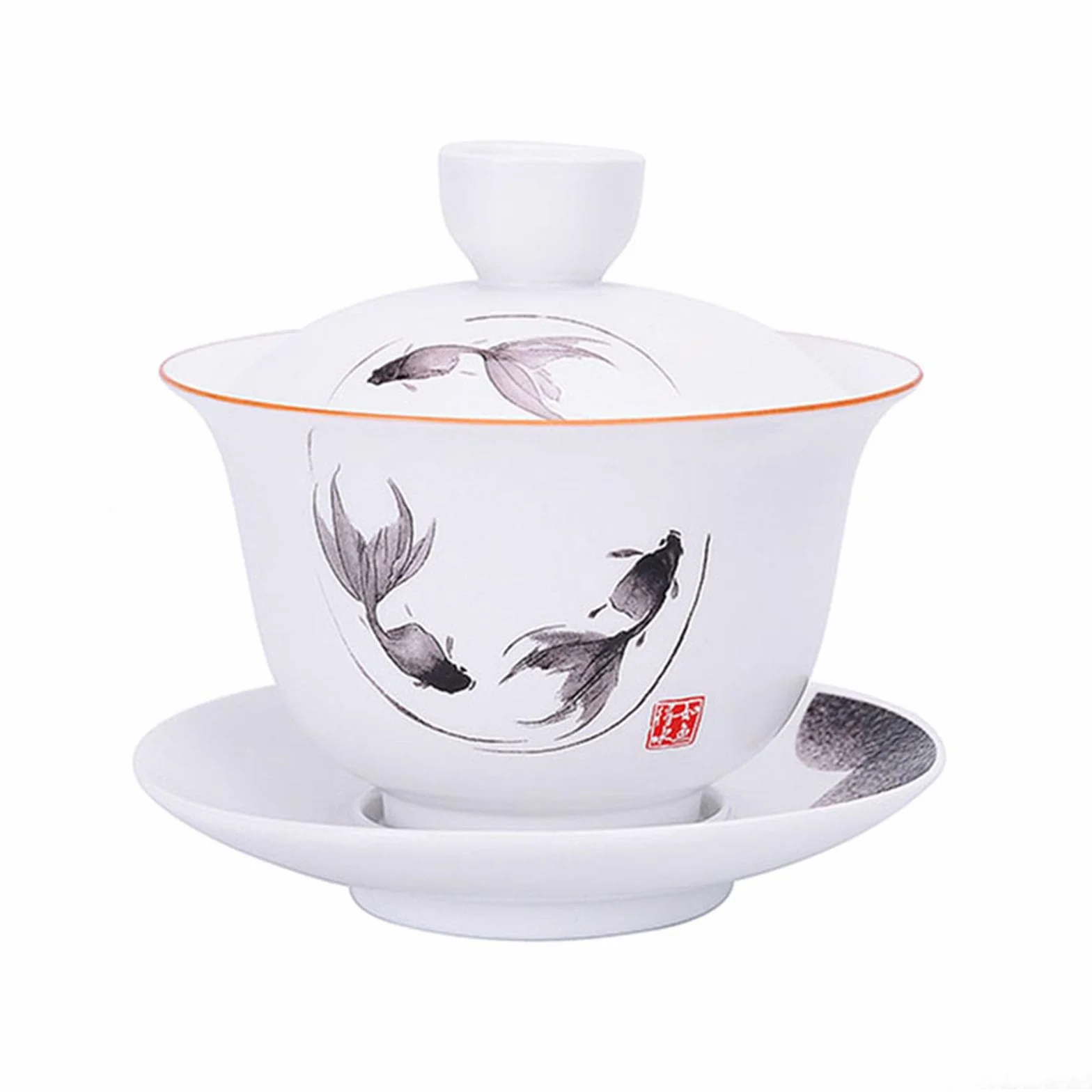 Porcelanowy Gaiwan 236ml Filiżanka do Herbaty Biała Glazurowana Waza Chińska Sancai Miska z Pokrywką Filiżanka ze Spodkiem Zestaw (Ryba)