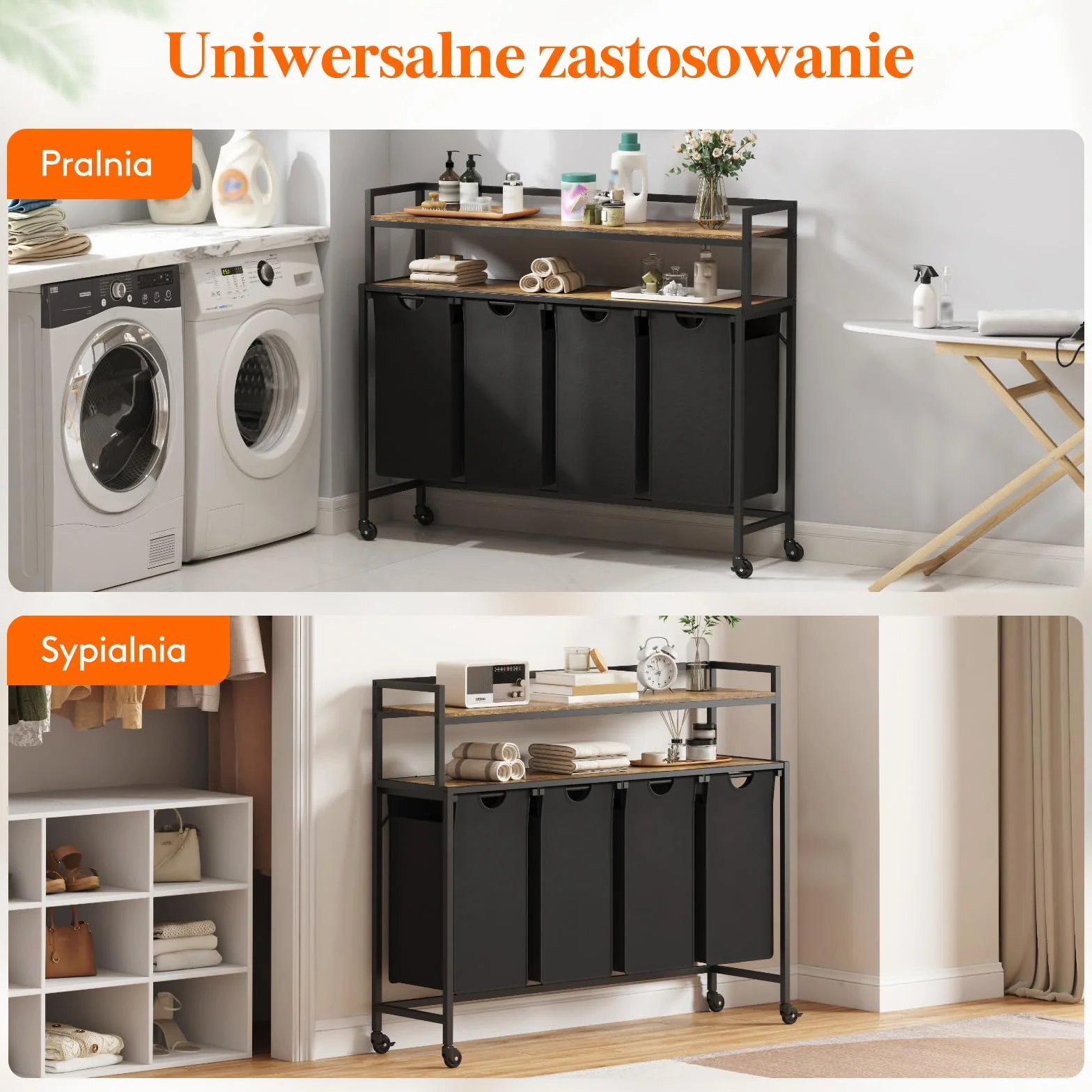 Lifewit Kosz na pranie z półkami, 4 sekcje, wysuwany kosz na pranie o pojemności 168l z kółkami, organizer na ubrania z 4 wyjmowanymi workami na pranie, sortownik na pranie, rustykalny brąz i czerń