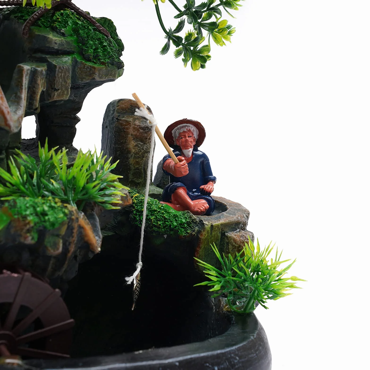 Fontanna Zen LED Wodospad Feng Shui z żywicy Rybak Drzewo H 30 cm