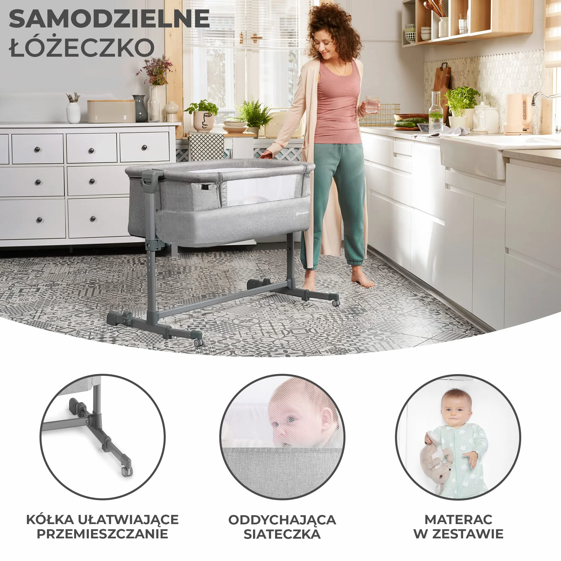 Kk Kinderkraft KKLNESTGRY000N Łóżeczko Dostawne, Szary, Do 9 kg