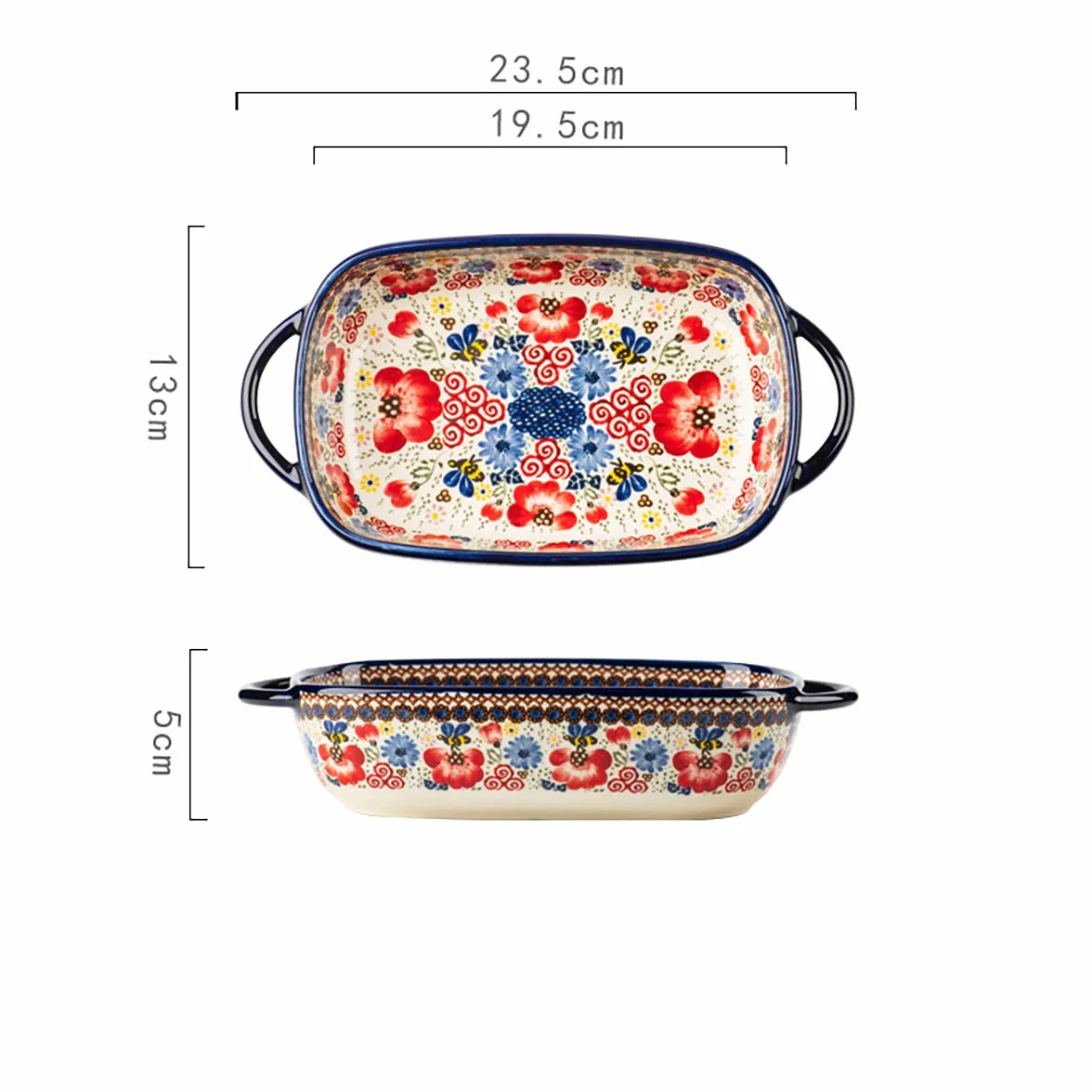 Ceramiczne naczynia do pieczenia w stylu vintage kwiaty patelnia do pieczenia lasagne patelnie do pieczenia z uchwytami do piekarnika/gotowania / kuchni - 1 szt. - czerwone kwiaty - 625 ml