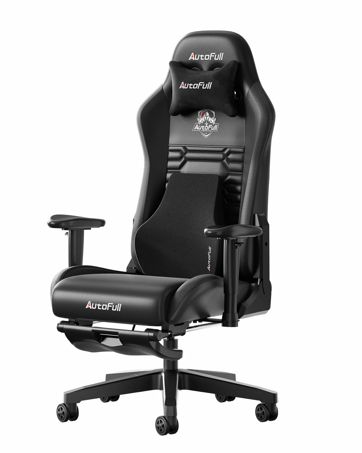 AutoFull C3 Ergonomiczny fotel biurowy z bionicznym podparciem lędźwiowym 3D, styl wyścigowy, wysokiej jakości skóra poliuretanowa, dla graczy, z podnóżkiem i zagłówkiem, czarny