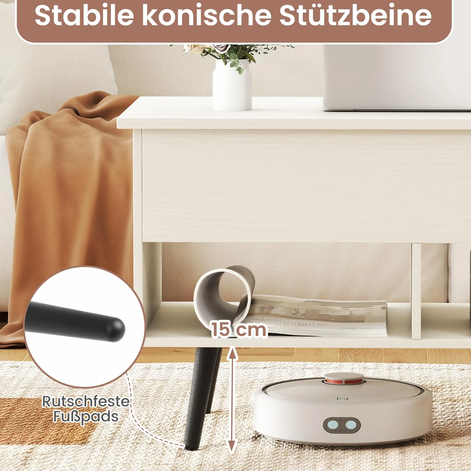 COSTWAY Drewniany stolik kawowy z regulacją wysokości, podnoszonym blatem i 2 otwartymi półkami, wysuwany stół do salonu, biura, 80 x 40 x 44,5-58 cm (biały)