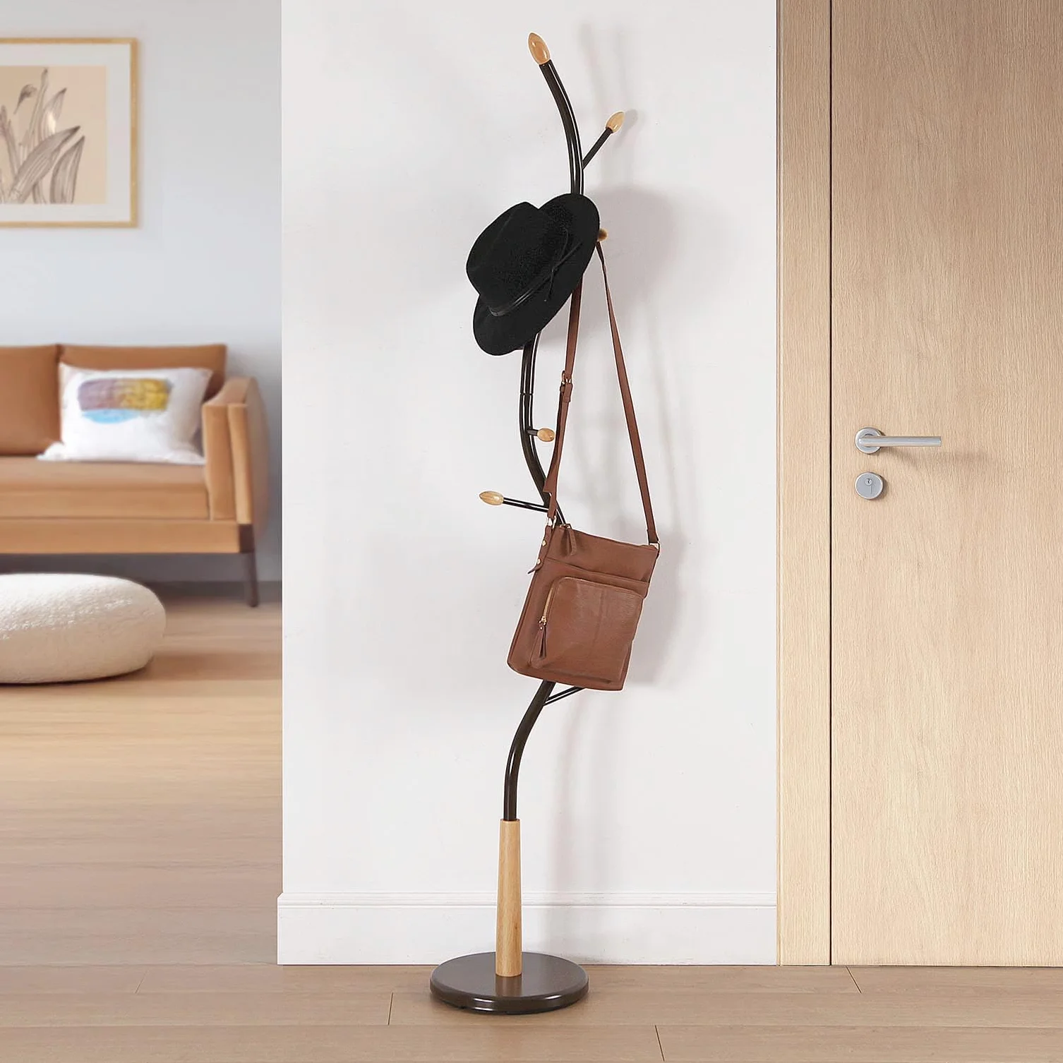 Versa Swindon Minimalistyczny wieszak na ubrania z 9 haczykami lub wieszakami na ubrania lub torby do przedpokoju, wymiary (wys. x szer. x gł.) 180 x 30 x 30 cm, metal, brąz