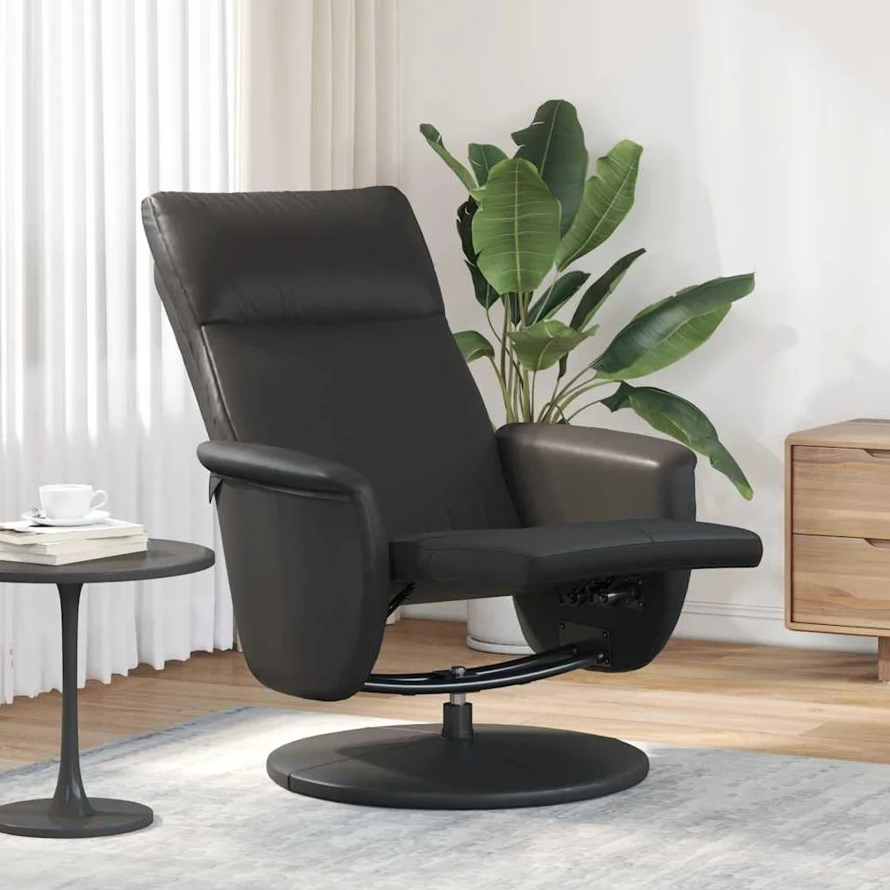Fotel relaksacyjny z podnóżkiem, czarny, sztuczna skóra, obrotowy, z funkcją leżenia, ergonomiczny, wygodny, do salonu, biura, kącika do czytania, kominka