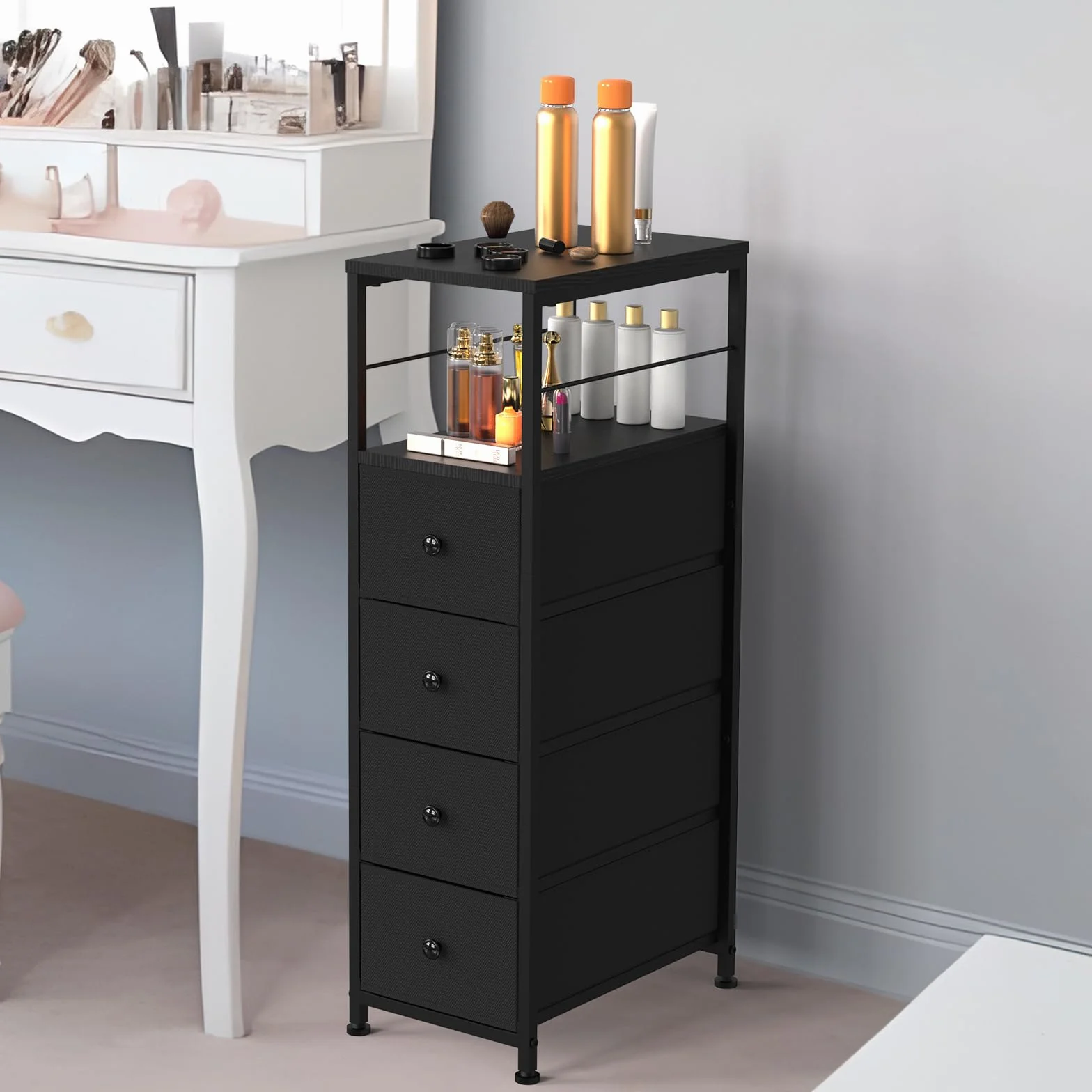 Komoda wąska szafka z 4 szufladami z materiału, szafa z szufladami, wieża do przechowywania, organizer do sypialni, salonu, kuchni, biura, korytarza, 87 x 40 x 25,4 cm, czarna