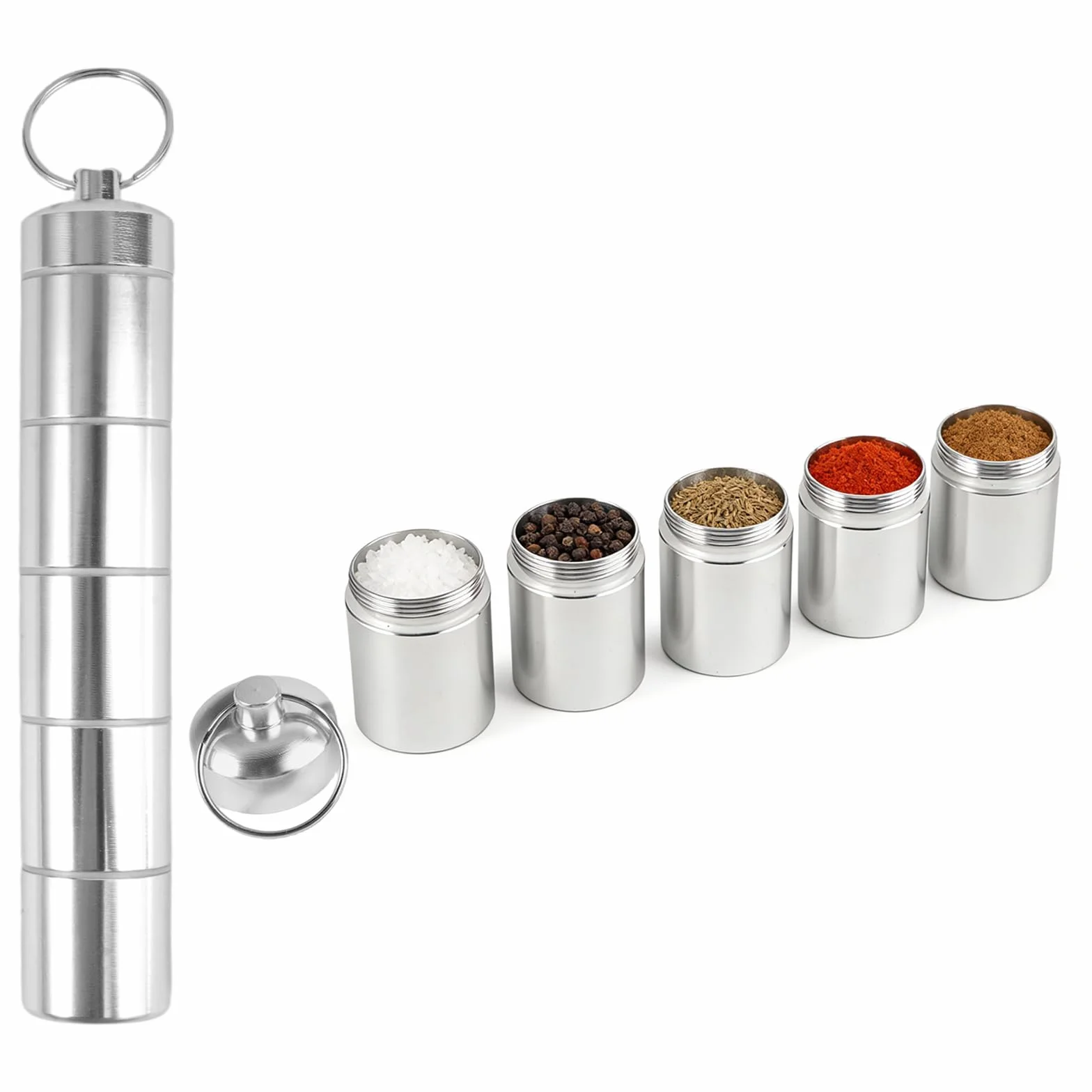Zestaw 5 w 1 mini słoiczków na przyprawy, małe i lekkie aluminiowe pojemniki na przyprawy, ze stali nierdzewnej, przenośne pojemniki na przyprawy na świeżym powietrzu, na piknik, grill, podróż i do