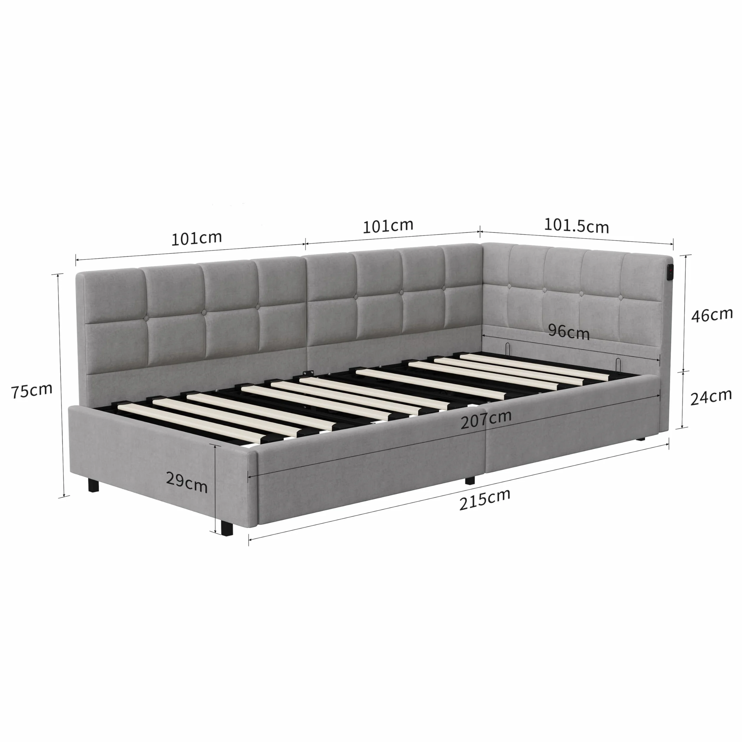 Łóżko tapicerowane 90x200 cm pojedyncze ze schowkiem LED USB hydrauliczną komorą stelaż listwowy aksamit szary