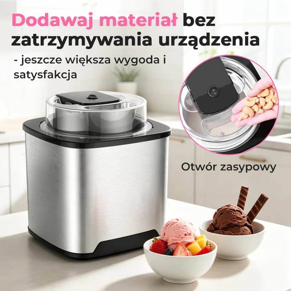 Maszyna do Lodów Miękkich 2L, Stal Nierdzewna z Pokrywką, Zawiera Książkę Kucharską i łyżkę do Lodów, do Przygotowywania Lodów, Mrożonego Jogurtu i Sorbetu