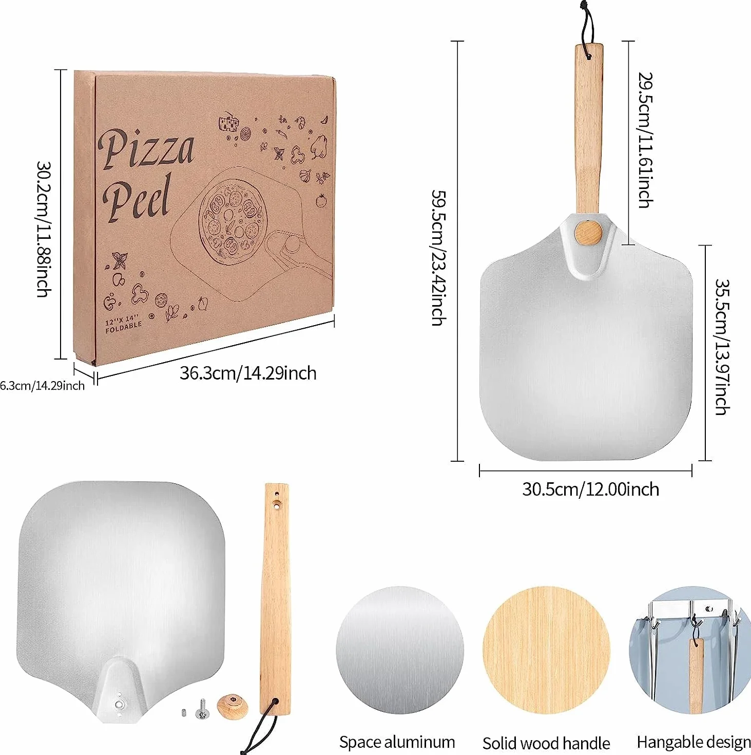 łopatka do pizzy XL, aluminium, grilla gazowego, z bardzo dużym nożem do pizzy, składany drewniany uchwyt