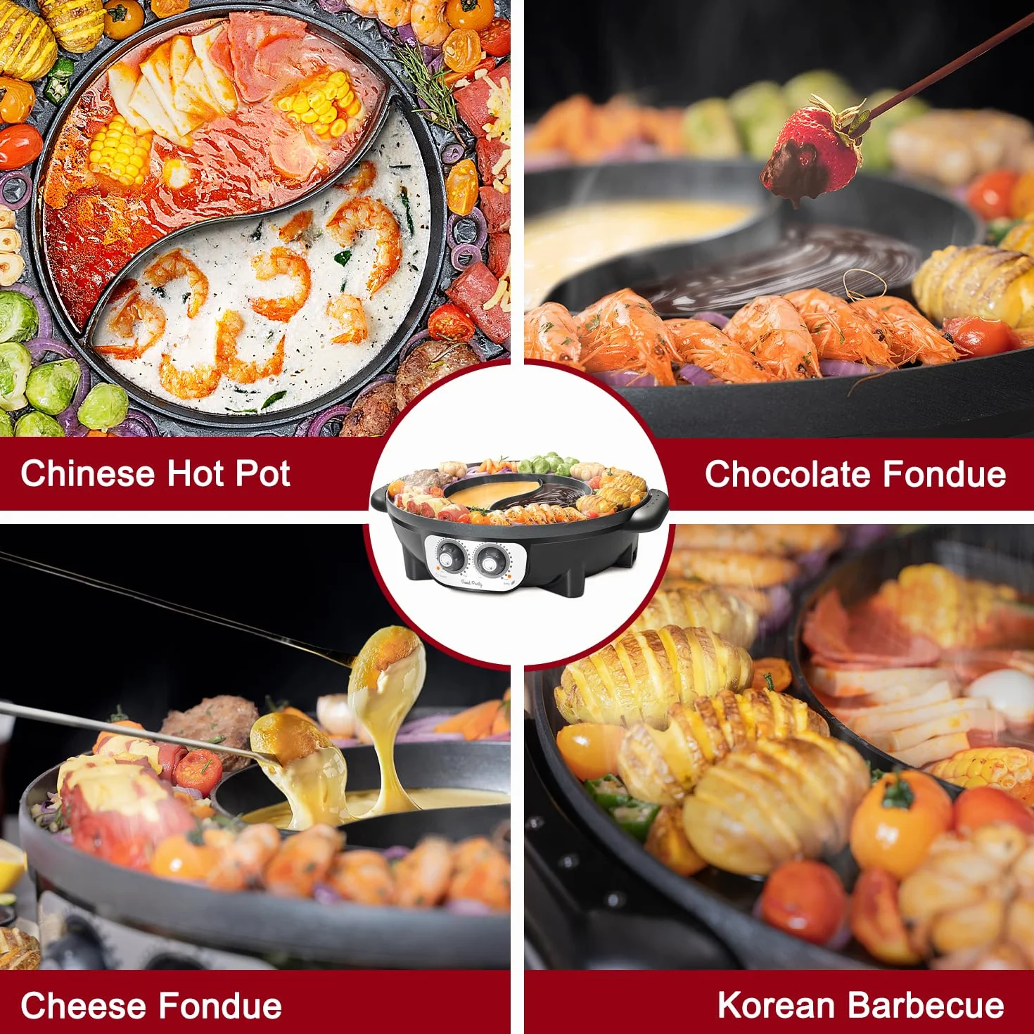 Food Party Hot Pot i grill elektryczny hotpot grill elektryczny 2 w 1, 220 V, 2200 W, do użytku wewnątrz i na zewnątrz, 42 cm, do fondue, raclette, dla 8 osób