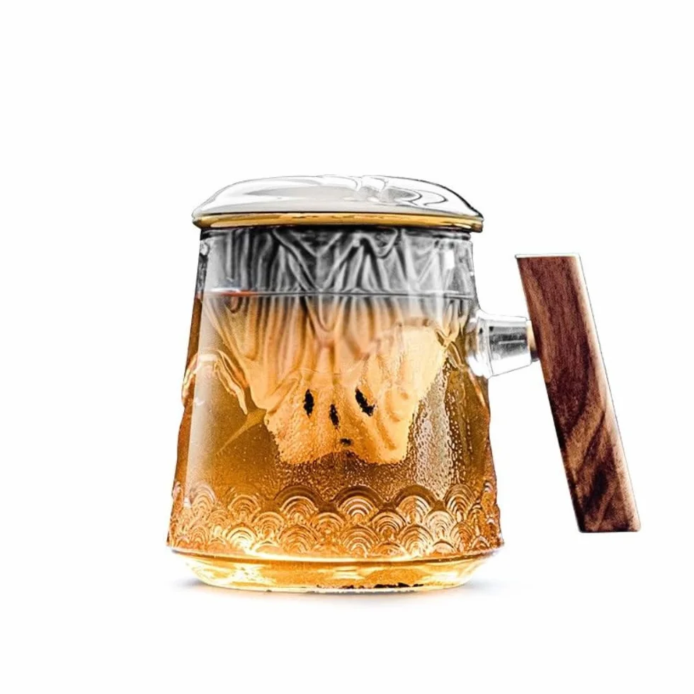 Kryształowy kubek do kawy, szklanki filiżanki do kawy/herbaty, 460 ml, szklany kubek do parzenia herbaty, kubek na wodę z pokrywką, kubek filtrujący (niebieski)