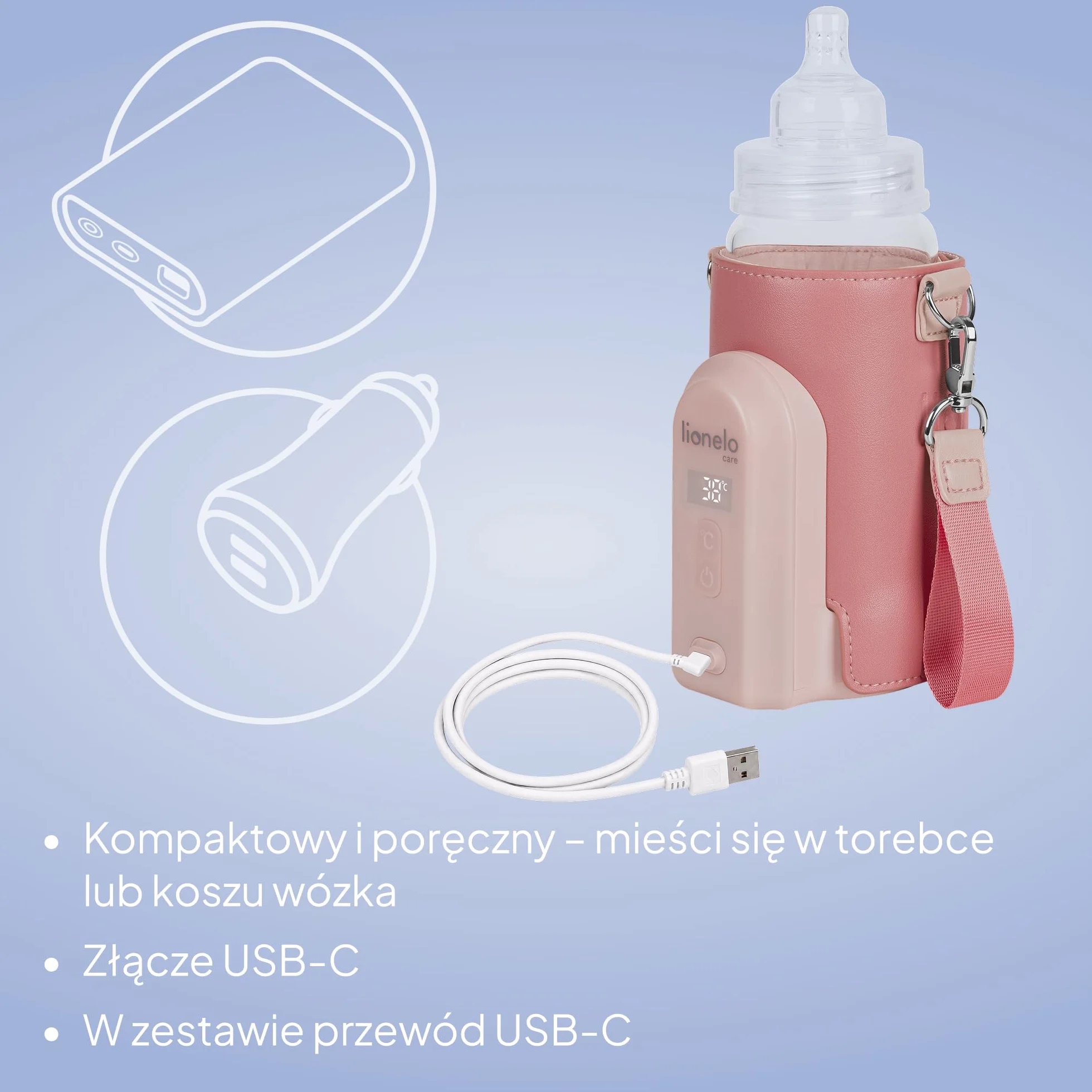 LIONELO Thermup Go Evo Przenośny Podgrzewacz do Butelek dla Niemowląt, Utrzymuje Ciepło Płynów, 5 Temperatur Pracy od 38 do 50o C Ładowanie USB-C, do 9h Pracy Wyświetlacz LCD (Różowy)