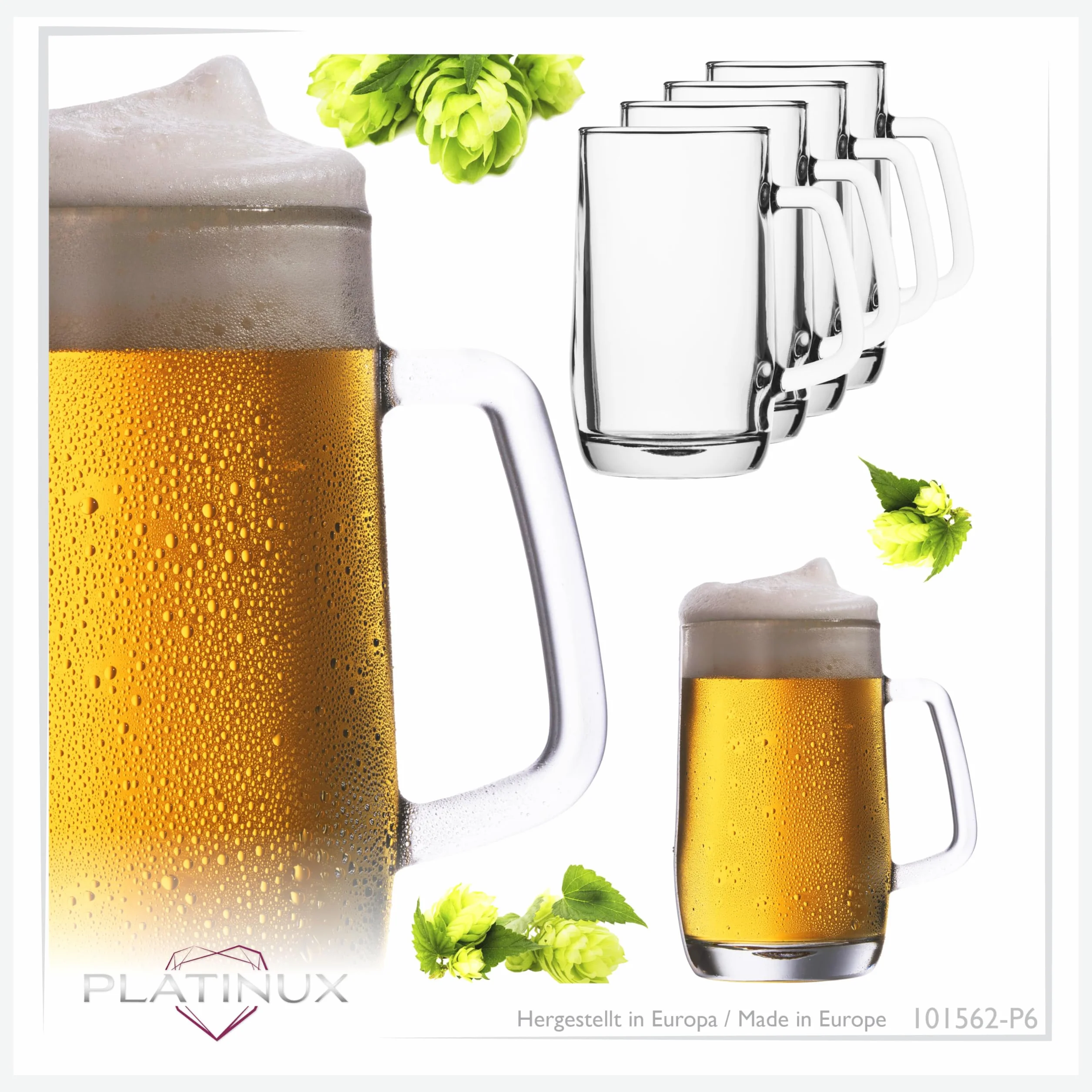PLATINUX Zestaw 6-częściowy kufel do piwa z uchwytem ze szkła, 500 ml (maks. 580 ml) kufel do piwa kufle do piwa szklanki do piwa 0,5 l kufel do piwa