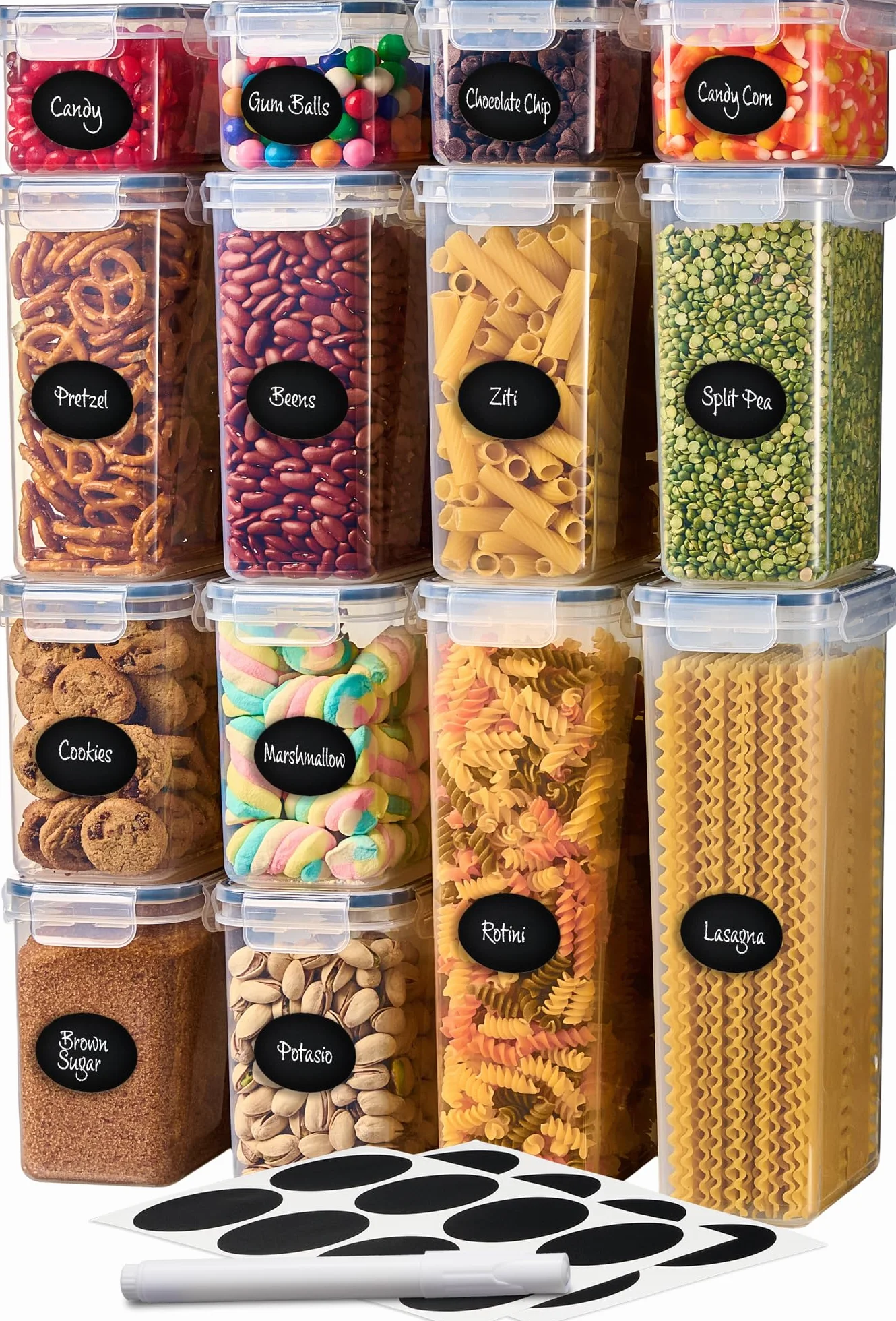 DWËLLZA KITCHEN Hermetyczne pojemniki do przechowywania żywności do organizacji i przechowywania spiżarni, 14 szt. cukierków, makaronów, spaghetti, przekąsek, hermetycznych, kuchennych pojemników do