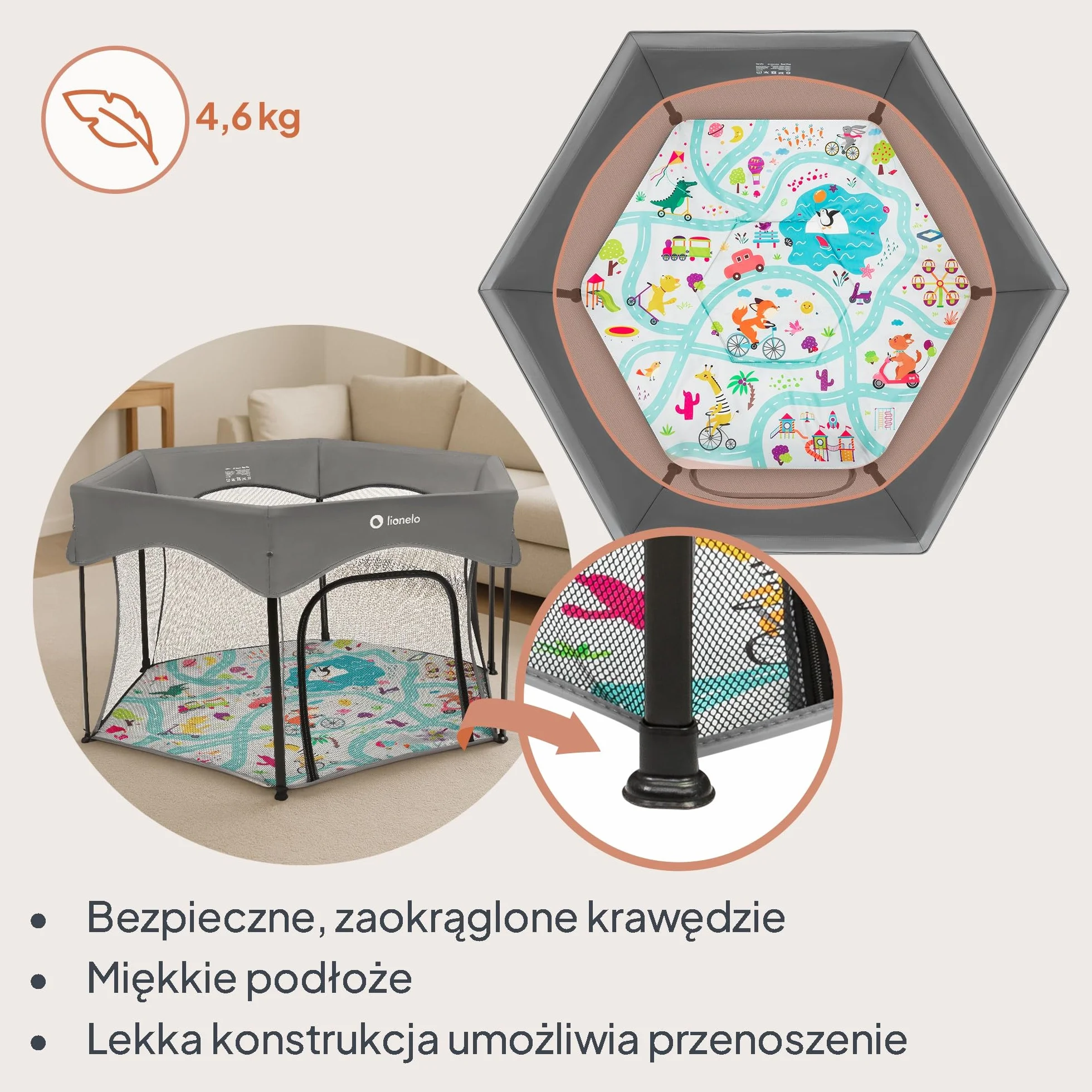 Lionelo Roel Plus Duży Kojec Dziecięcy z Siatką, Składany i Przenośny, Wejście Boczne na Zamek, Blokada LockGuard, Zaokrąglone Krawędzie, Miękkie Dno, Torba, Średnica 134 cm, 6–36 mies., do 15 kg