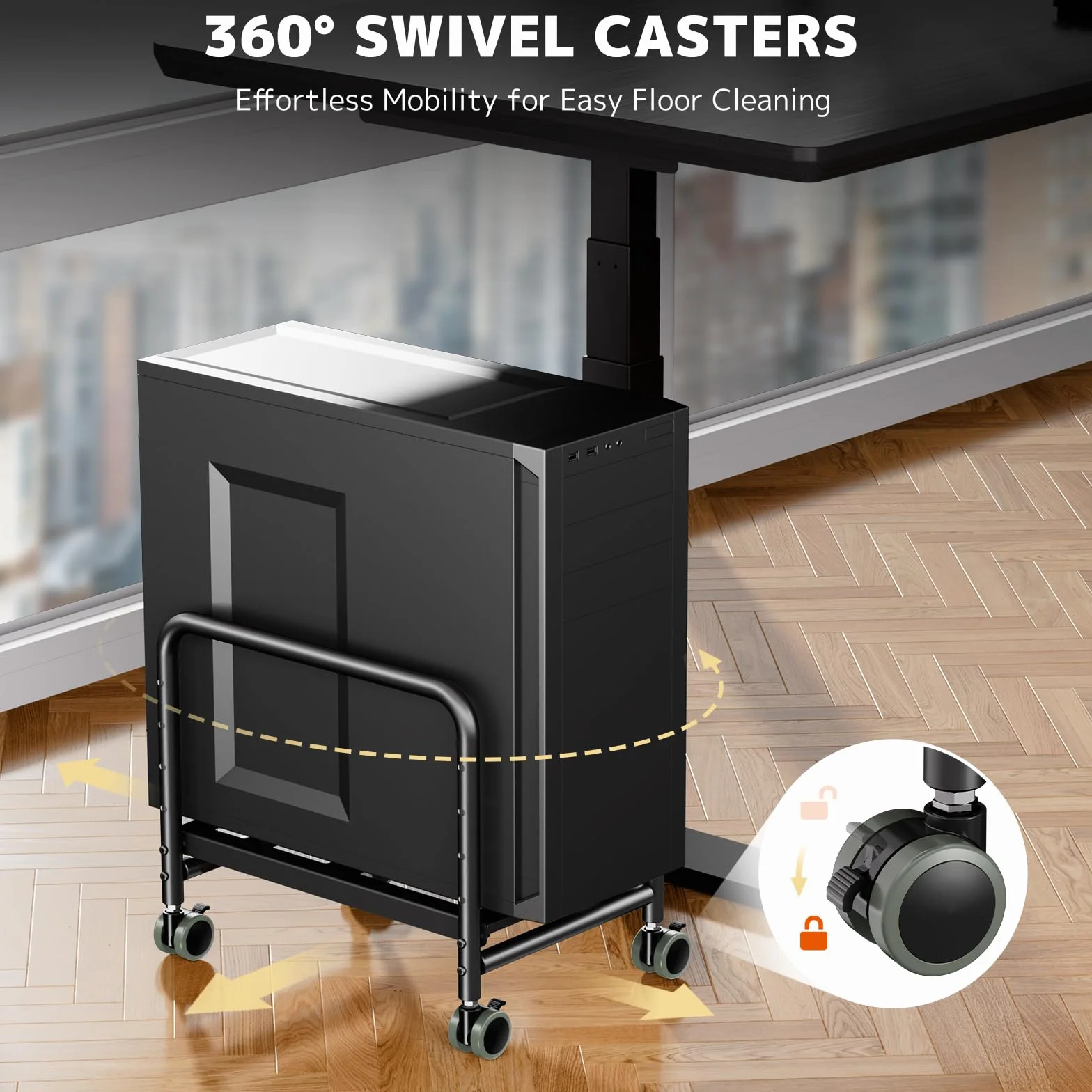 PUTORSEN podpodłogowy/podbiurkowy uchwyt na komputer do obudowy Mid-Tower, stojak PC z regulacją wysokości z kółkami, nośność do 30 kg, możliwość zwiększenia szerokości do 25,5 cm