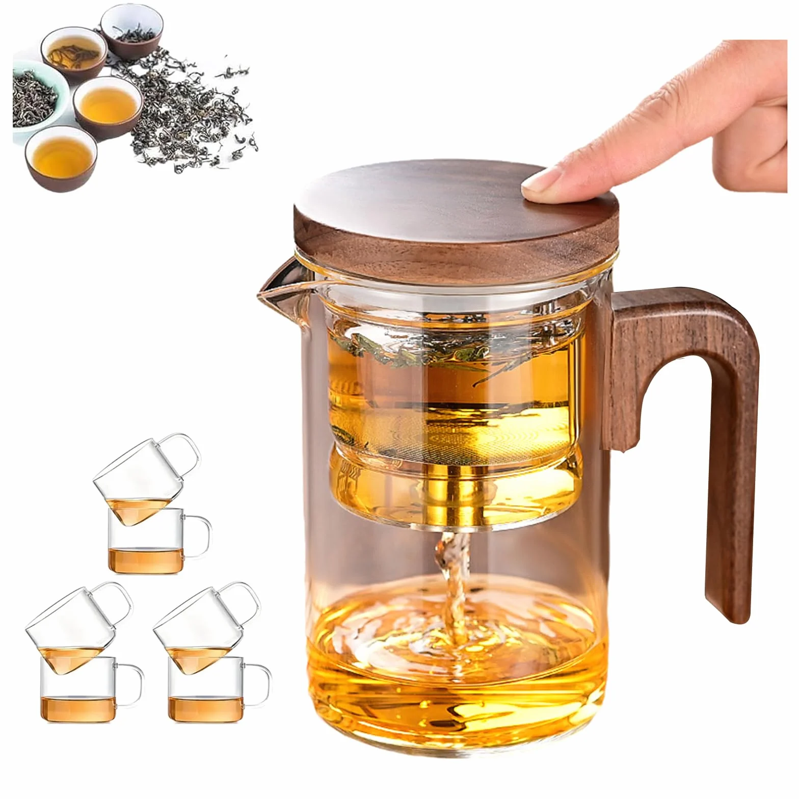Przezroczysty dzbanek do herbaty 600 ml i 6 filiżanek, magiczny dzbanek do herbaty z magnetyczną pokrywką filtrującą, inteligentna funkcja oddzielania wody, zdejmowany dzbanek do herbaty w kształcie