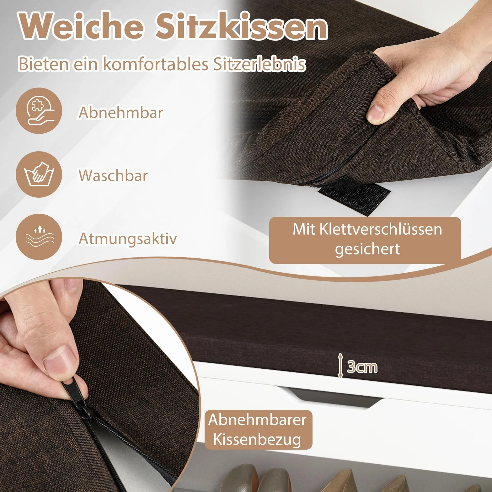 COSTWAY Ławka na buty z siedziskiem i miejscem do przechowywania, 104 x 30 x 48 cm, regał garderobiany, regał na buty, składana szafka na buty, ławka ze stojakiem, poduszka do siedzenia (biały)