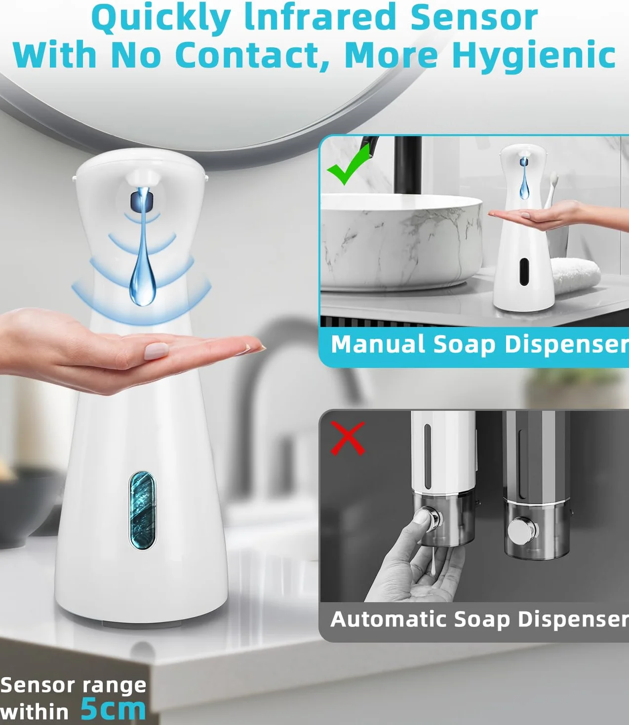 Automatyczny Dozownik Mydła, dozownik mydła w płynie 200 ml z czujnikiem podczerwieni, wodoodporny bezdotykowy dozownik mydła IPX6, odpowiedni do kuchni, łazienki, szkoły, hotelu
