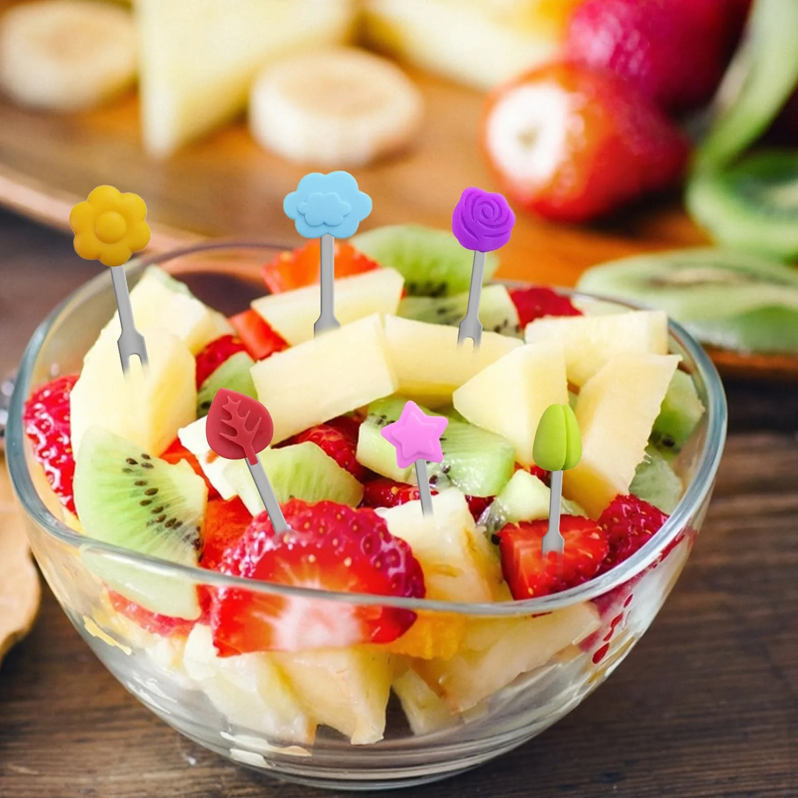 Widelec do owoców dla dzieci Bento Box Akcesoria Mini widelce do owoców ze stali nierdzewnej wielokrotnego użytku, ozdobione ładnymi silikonowymi kształtami
