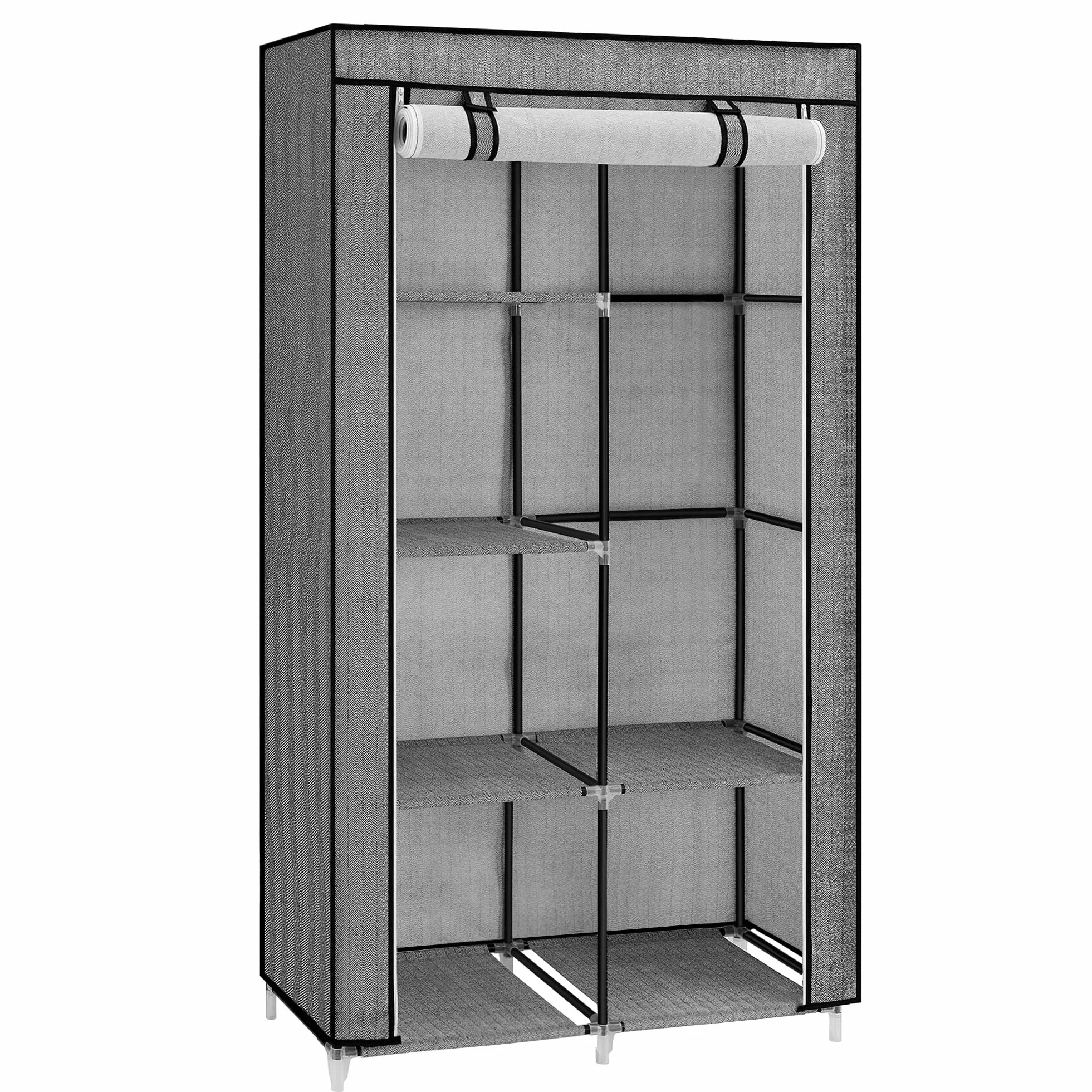 SONGMICS RYG084B22 Szafa na ubrania z 1 drążkiem i 6 wkładanymi półkami, włóknina, metalowa rama, 45 x 88 x 168 cm, do sypialni, korytarza, czarna z wzorem w jodełkę