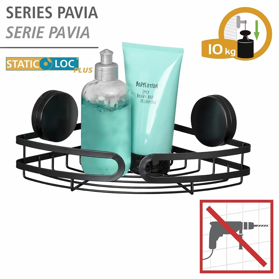 WENKO Static-Loc® Plus półka narożna Pavia czarna, regał łazienkowy, mocowanie bez wiercenia