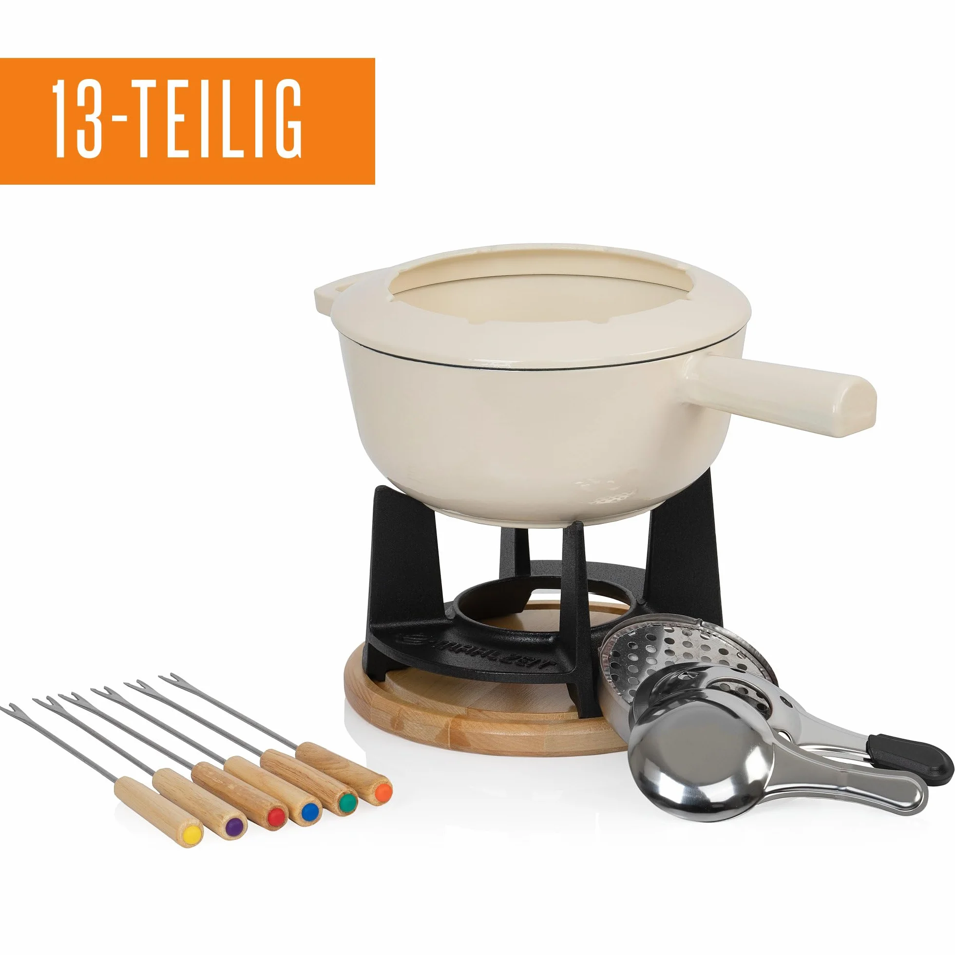 Zestaw do fondue z żeliwa spiżowego Mahlzeit dla 6 osób | 2 litry | Zestaw do fondue 13-częściowy z palnikiem i widelcami | Zestaw do fondue, zestaw do serowego fondue, zestaw do mięsnego fondue