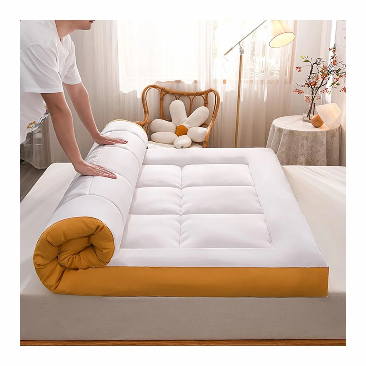 Bardzo gruby materac z naturalnego włókna sojowego 180 x 200 cm oddychający futon na łóżko podwójne miękka pełnowymiarowa podkładka na pościel wygodny hipoalergiczny ochraniacz na materac (kolor