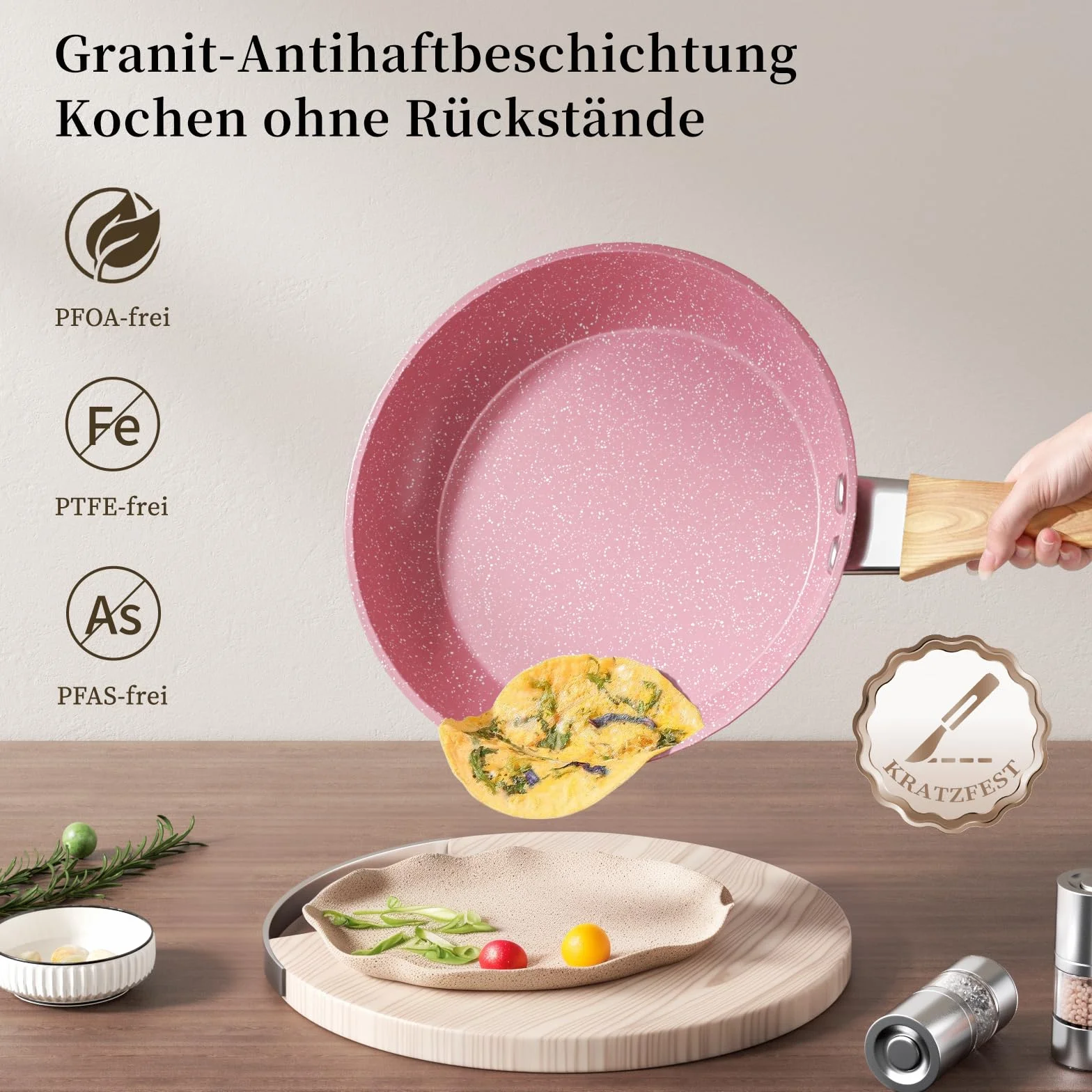 Innerwell Patelnia nieprzywierająca 24 cm, patelnia indukcyjna z powłoką ceramiczną o profesjonalnej jakości, patelnia do omletów, zdrowa patelnia granitowa, odporna na piekarnik, bez PFOA, różowa