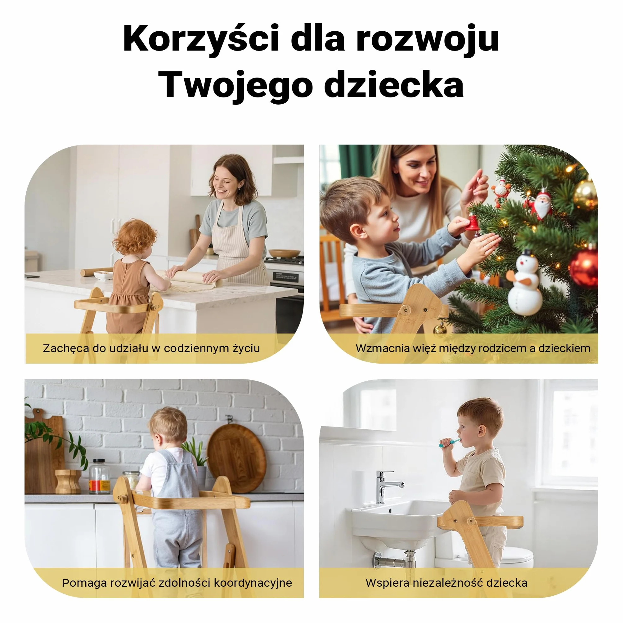 Wiltec Kichten helper składany 43 x 48 x 91 cm cm z bambusa, pomocnik kuchenny dla dzieci z regulacją wysokości, wieża edukacyjna z barierką ochronną