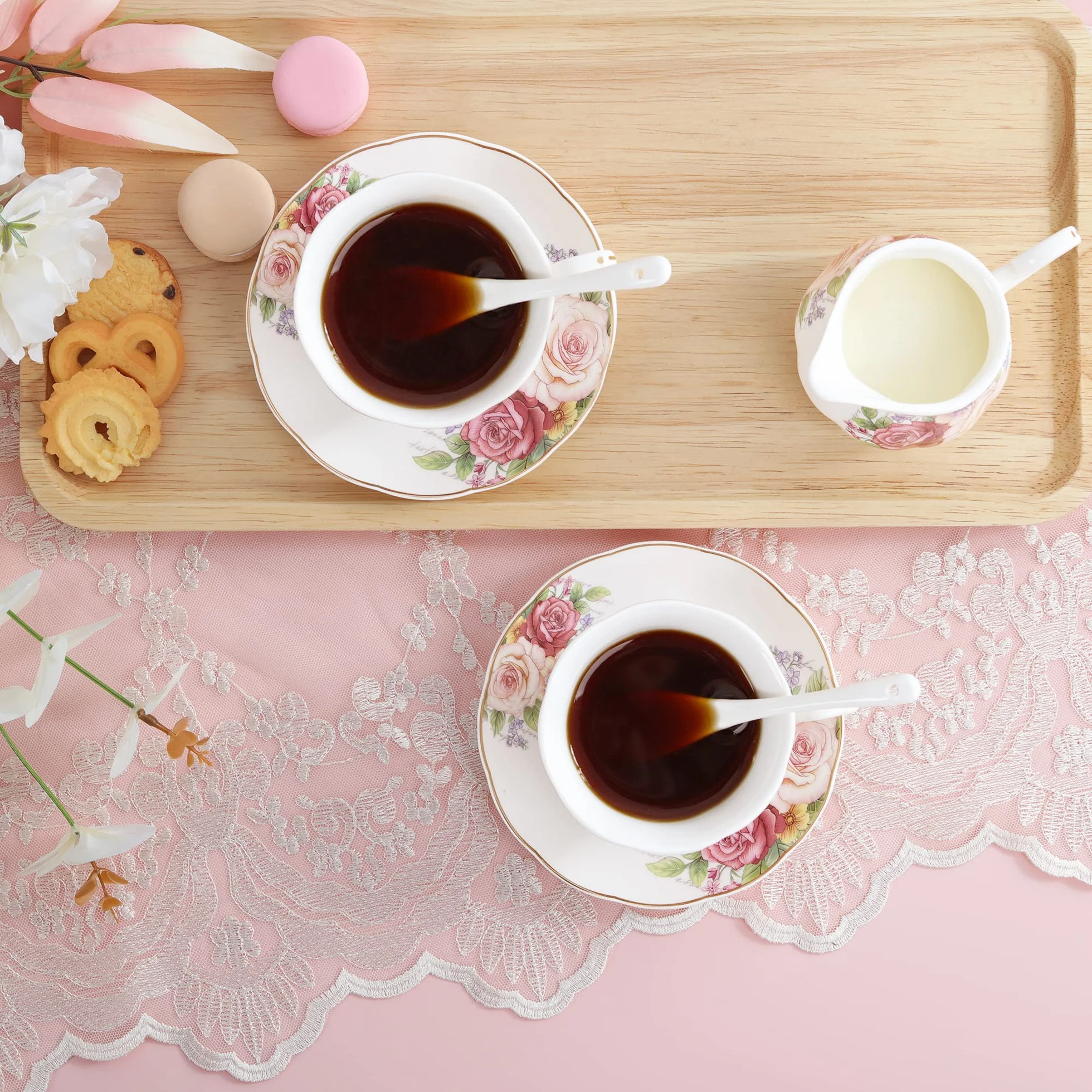fanquare Europejski porcelanowy zestaw do kawy, różowy zestaw do herbaty dla kobiet, zestaw do herbaty z porcelany kostnej, vintage kwiatowy dzbanek do kawy i herbaty z kubkami