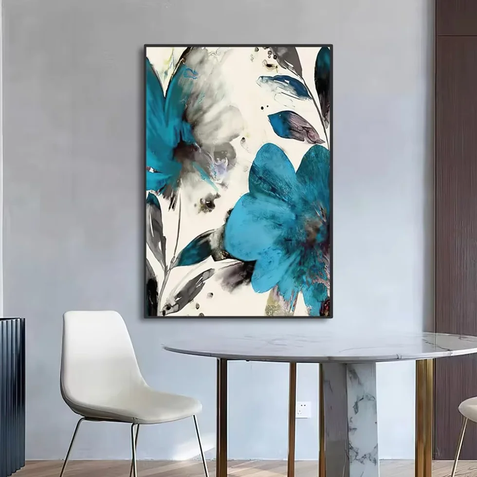 DFZEWKI Kwitnące życie botaniczny nadruk sztuka ścienna obrazy na płótnie vintage niebieska farba kwiaty plakaty ścienne dekoracja salonu (70 x 100 cm (26 x 39 cali) x 3)