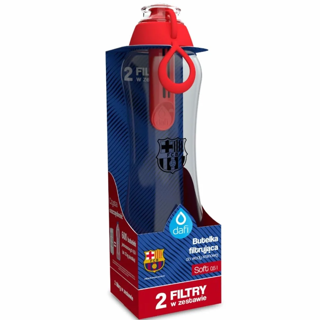 DAFI SOFT butelka filtrująca 500 ml Makowa FC Barcelona z 2 filtrami węglowymi - limitowana edycja z herbem klubu i naklejkami piłkarzy - idealna do szkoły, pracy, na siłownię i trening