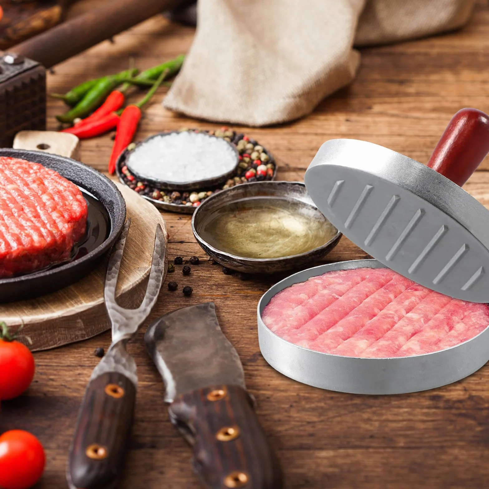 Okrągła aluminiowa prasa do hamburgerów z drewnianym uchwytem, nieprzywierająca forma do hamburgerów, idealna do wyciskania ciastek i użytkowania BBQ, w tym 50 arkuszy papieru